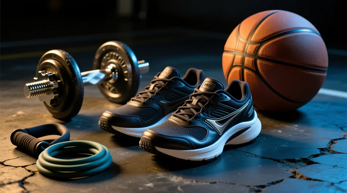 Running shoes, dumbbells and a basketball on a court floor — AthletePeak Sports catalog project