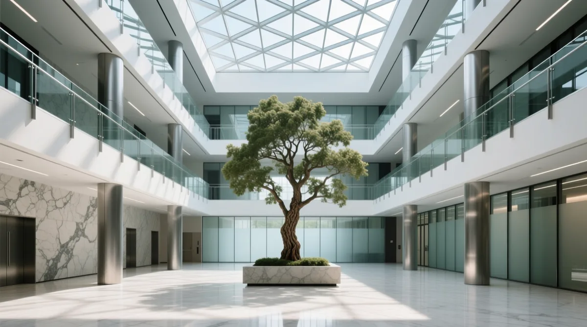 Glass and stone atrium of a corporate headquarters — Atlas Holding corporate website project