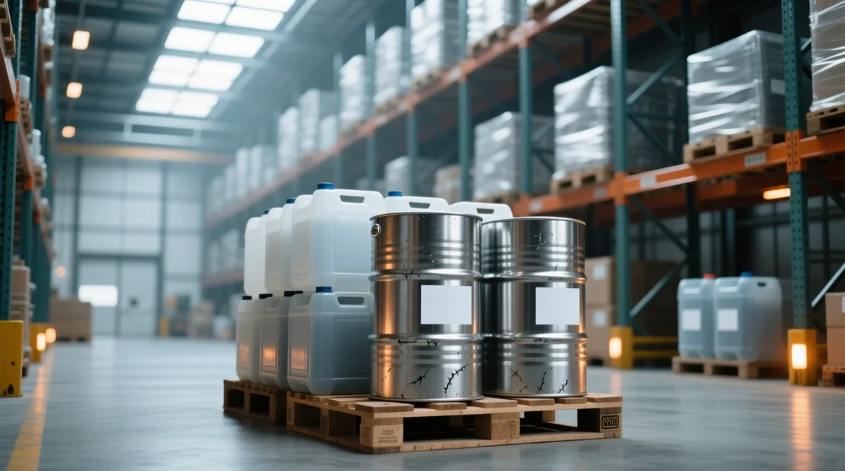Steel drums and containers on pallets in a distribution warehouse — ChemVault Wholesale catalog project