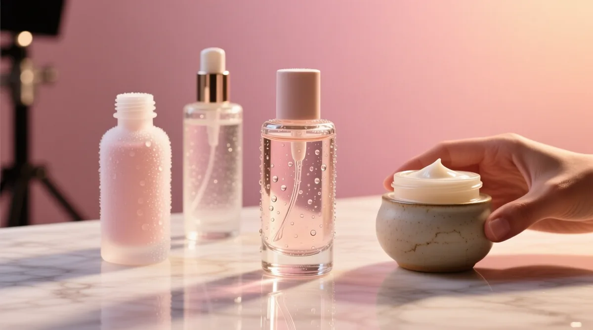Glass serum bottles and a cream jar on marble — GlowLab Cosmetics catalog project