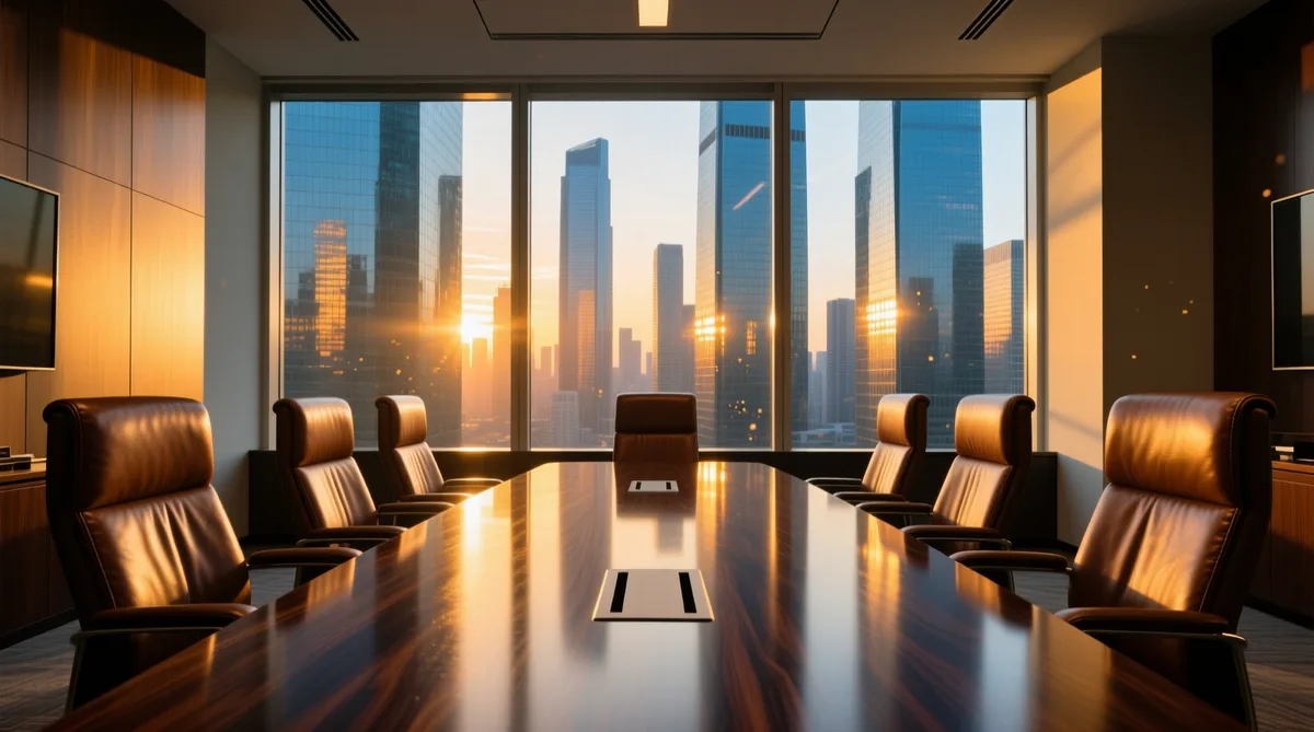 Boardroom overlooking a financial district at sunset — Meridian Capital corporate website project
