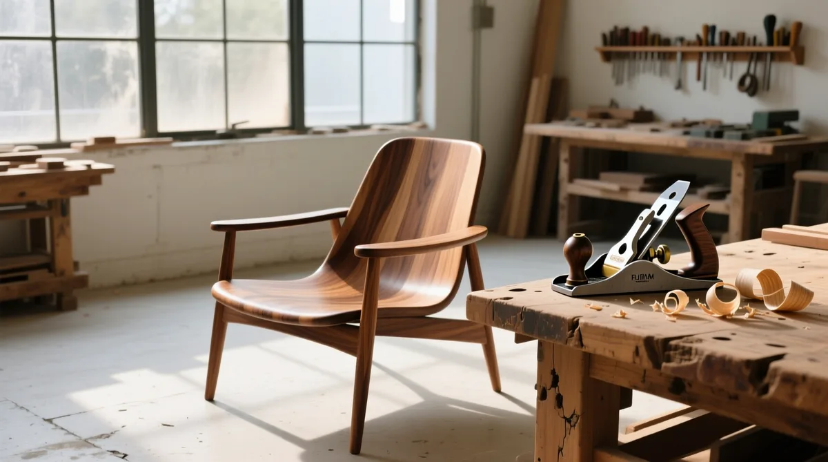 Walnut lounge chair in a furniture workshop — NestCraft Furniture catalog project