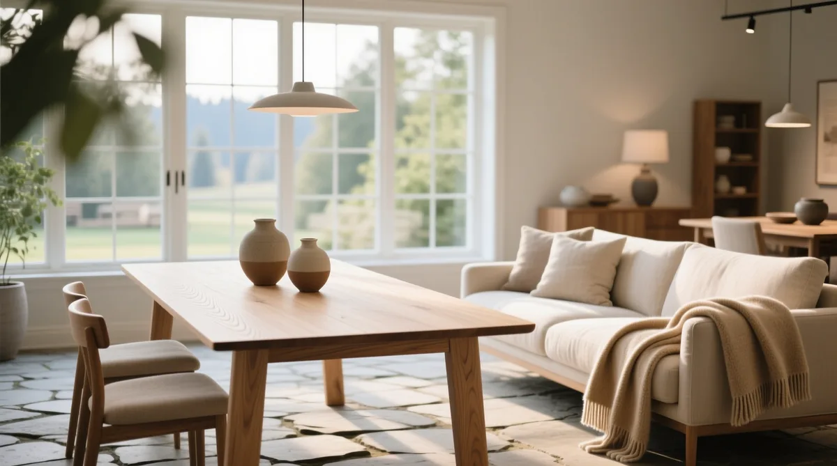 Scandinavian living room with oak dining table and linen sofa — NordicHome Living catalog project