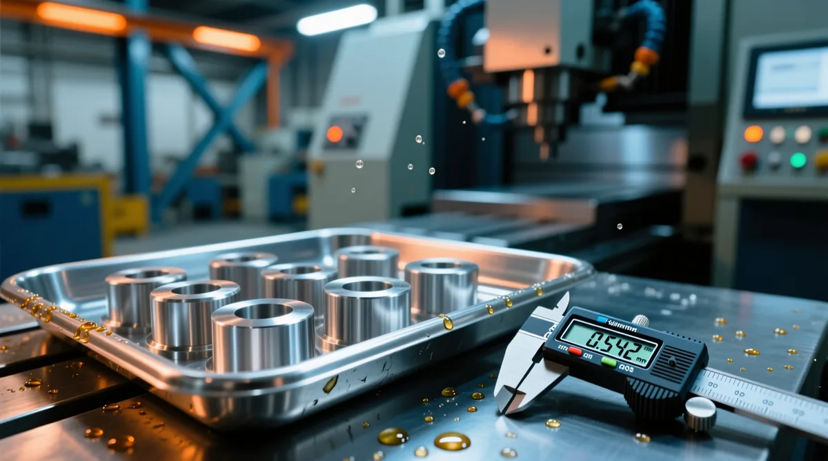 Freshly machined aluminium parts and a caliper in a machine shop — PrecisionParts Direct catalog project