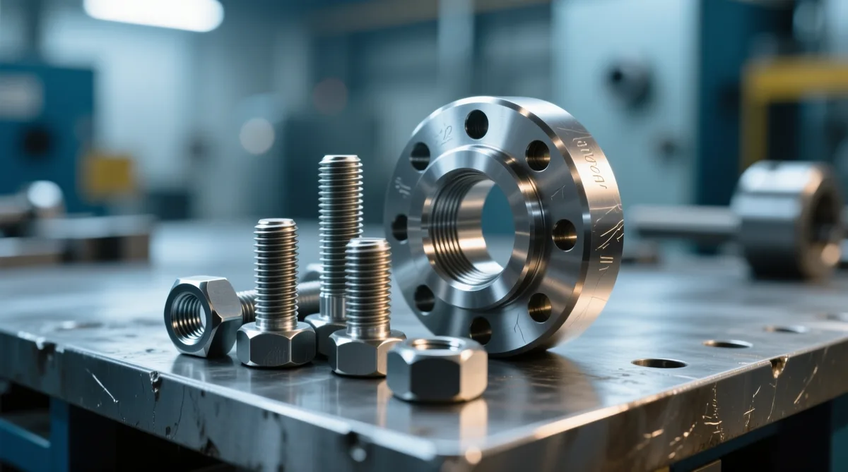 Machined steel bolts and flange on a factory workbench — SteelPro Components catalog project
