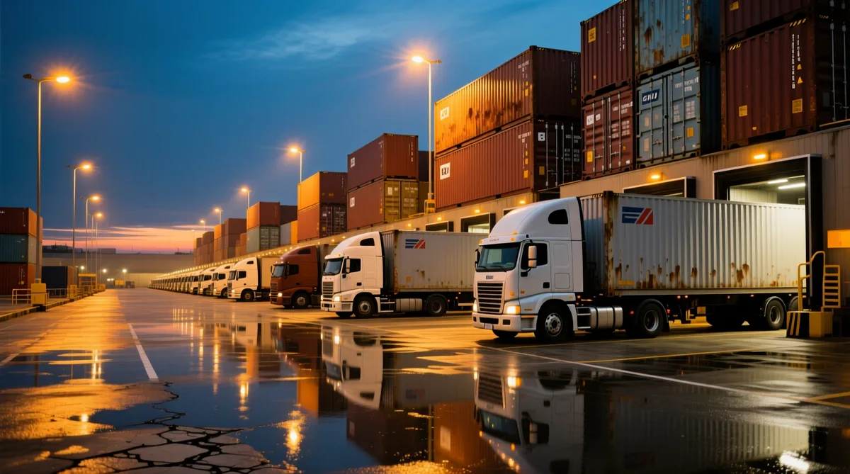 Trucks at loading docks and containers at dusk — TransLine Logistics corporate website project