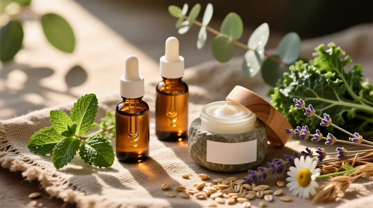 Amber dropper bottles and botanicals on linen — VelvetSkin Organics catalog project