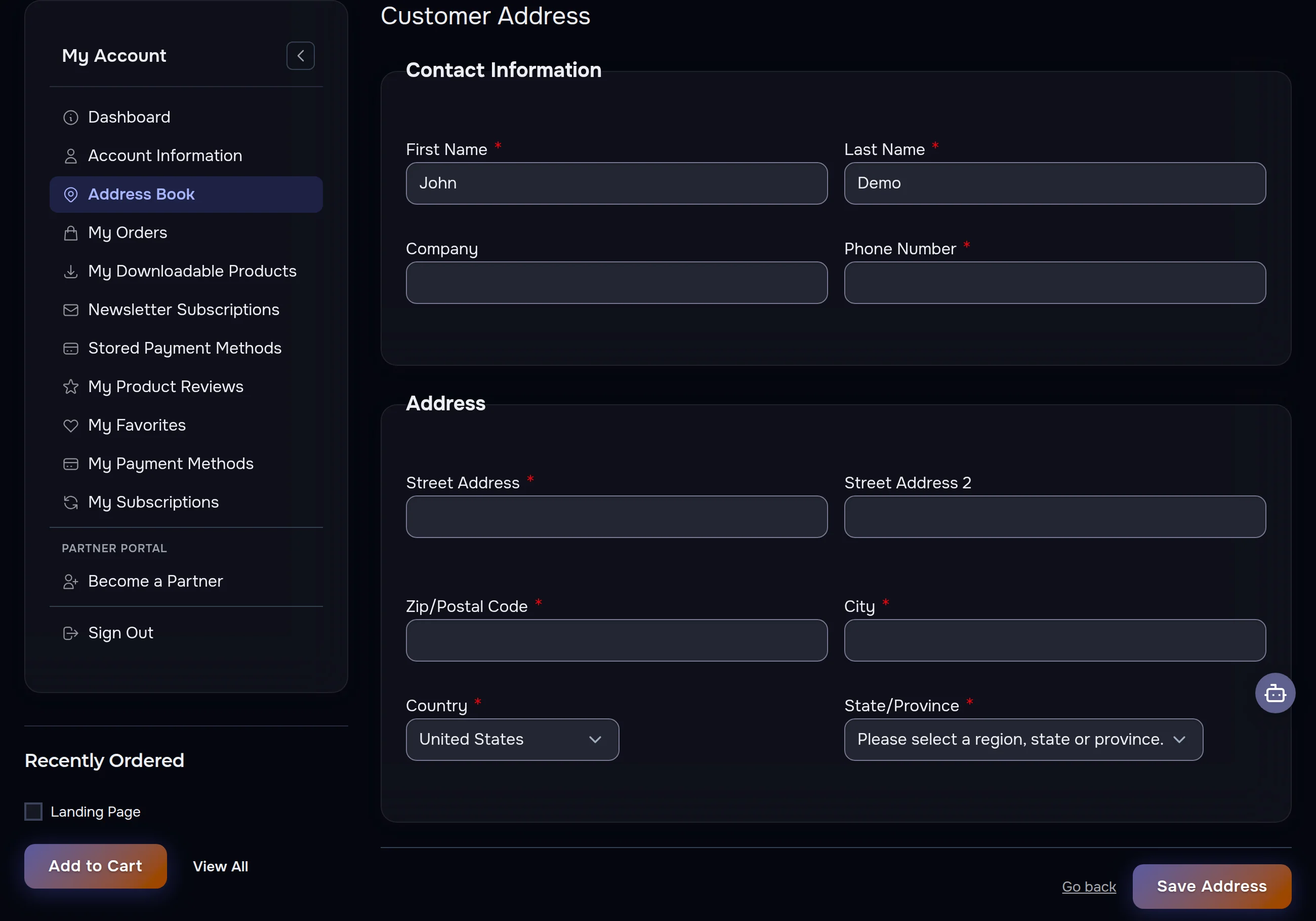 Address book in the AWDS account — default billing and shipping addresses