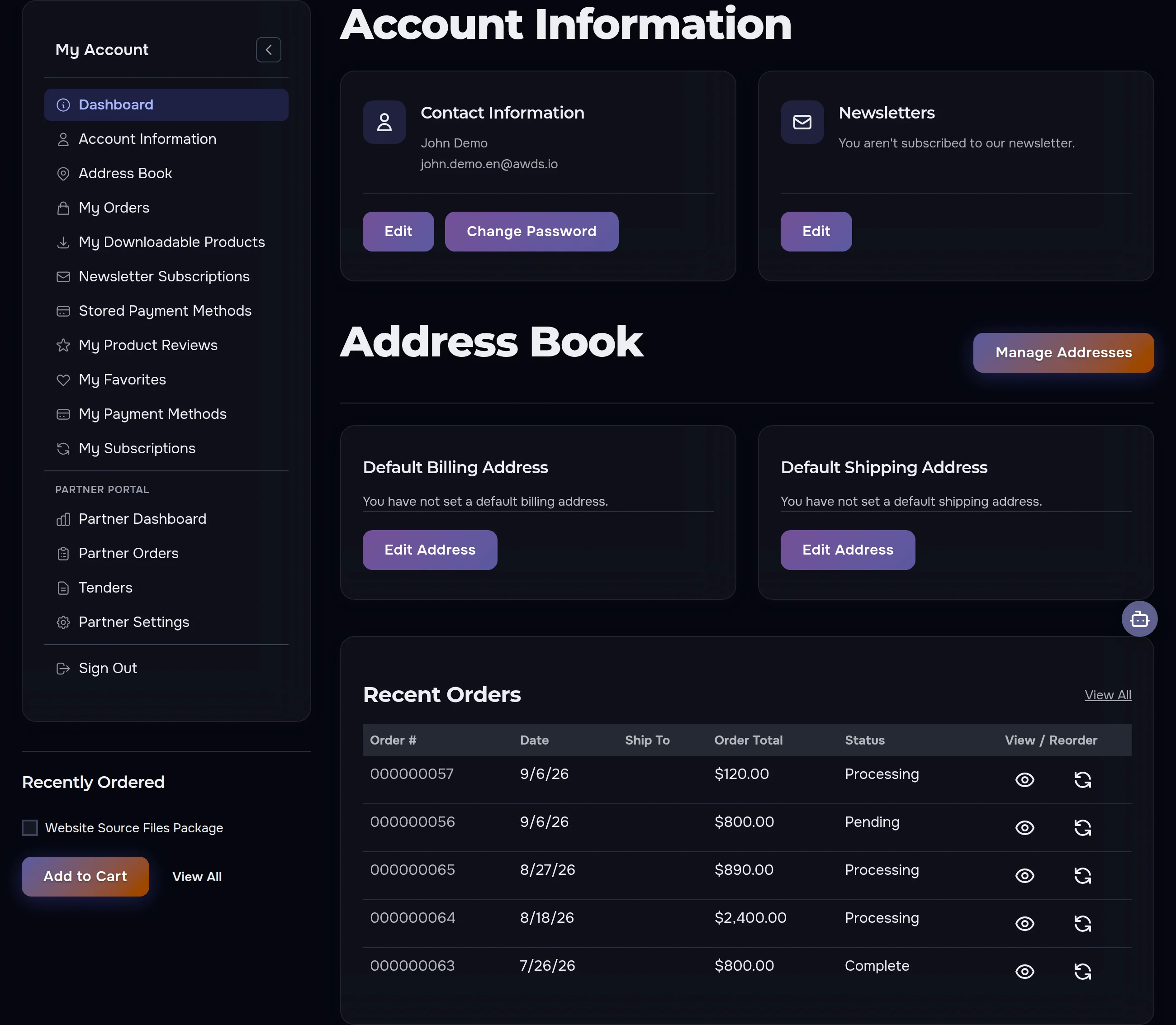 AWDS account dashboard with contact information, address book and recent orders