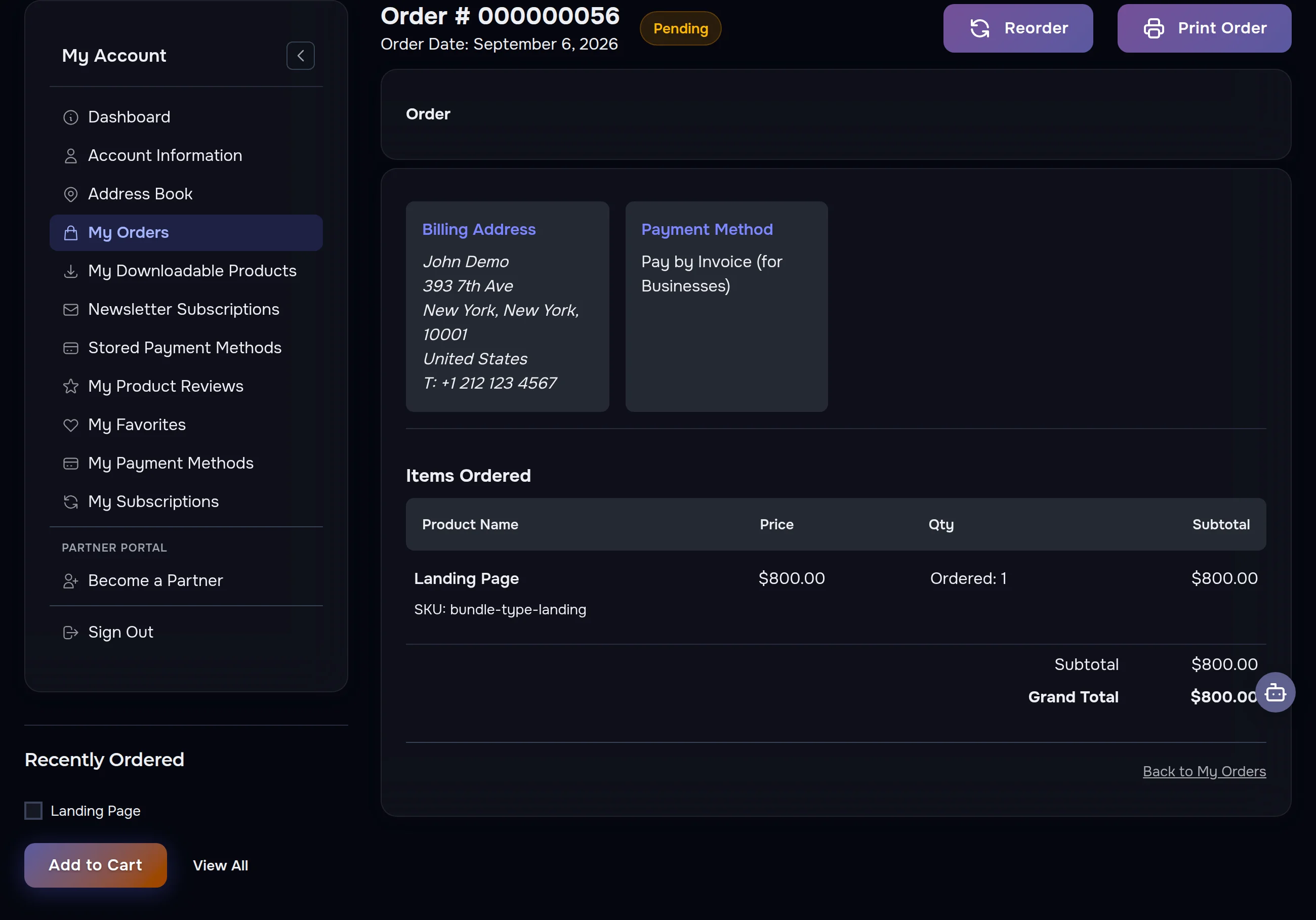 Order details page in the AWDS account — items, totals, billing address and payment method
