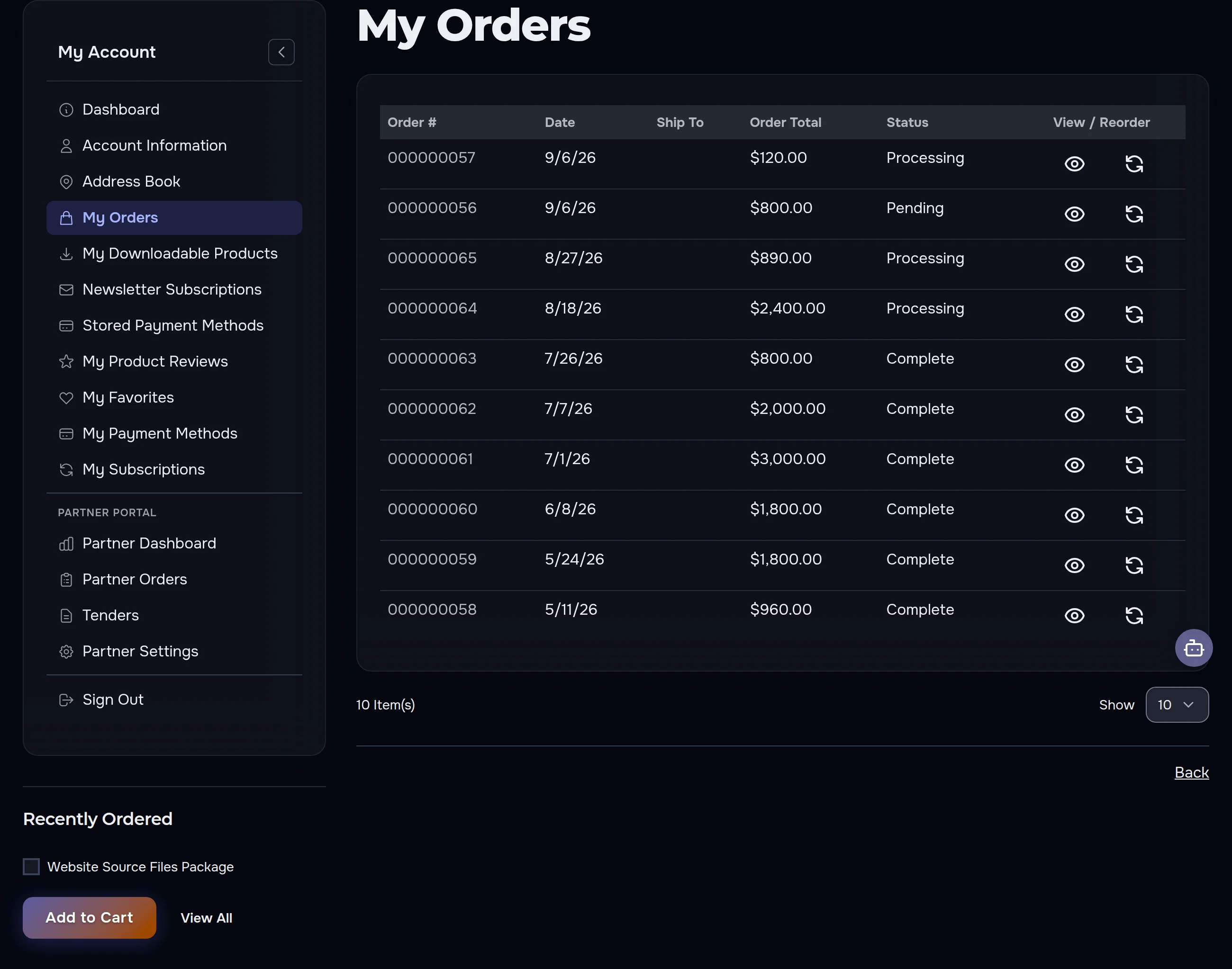 My Orders section in the AWDS account — order history with statuses and totals