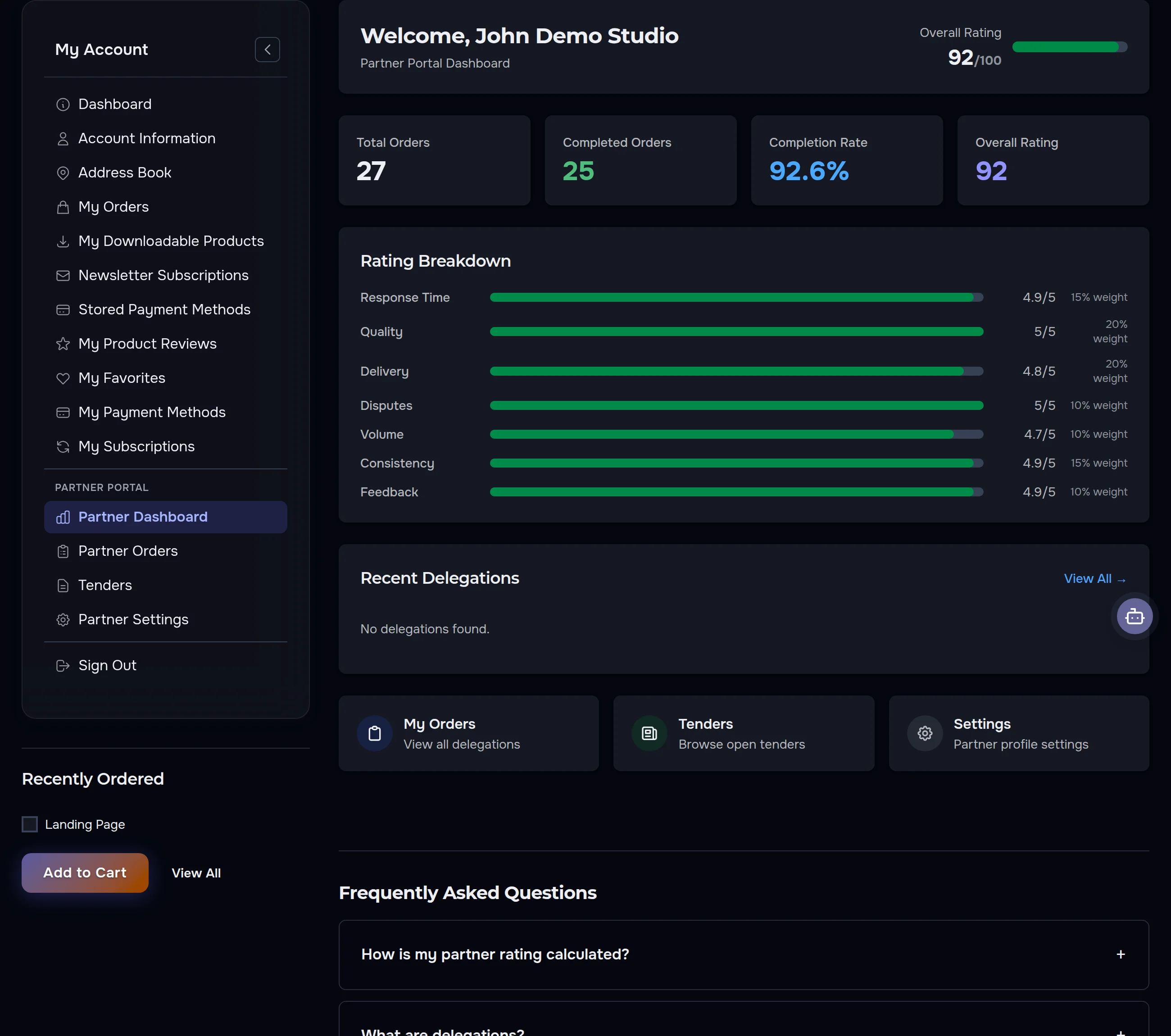AWDS partner dashboard — rating, order statistics, tenders and delegations