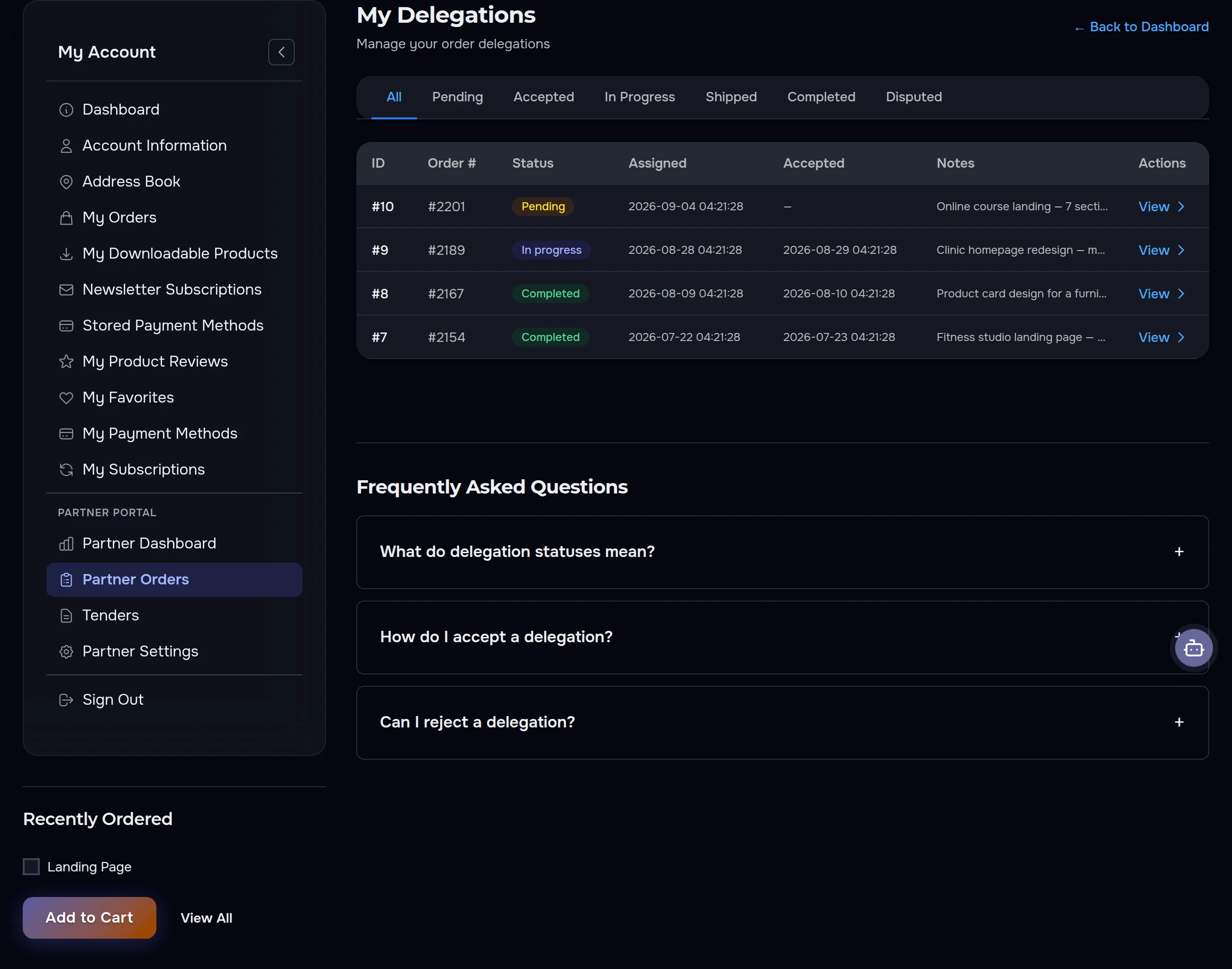 Partner Orders section — delegated orders with statuses and payouts