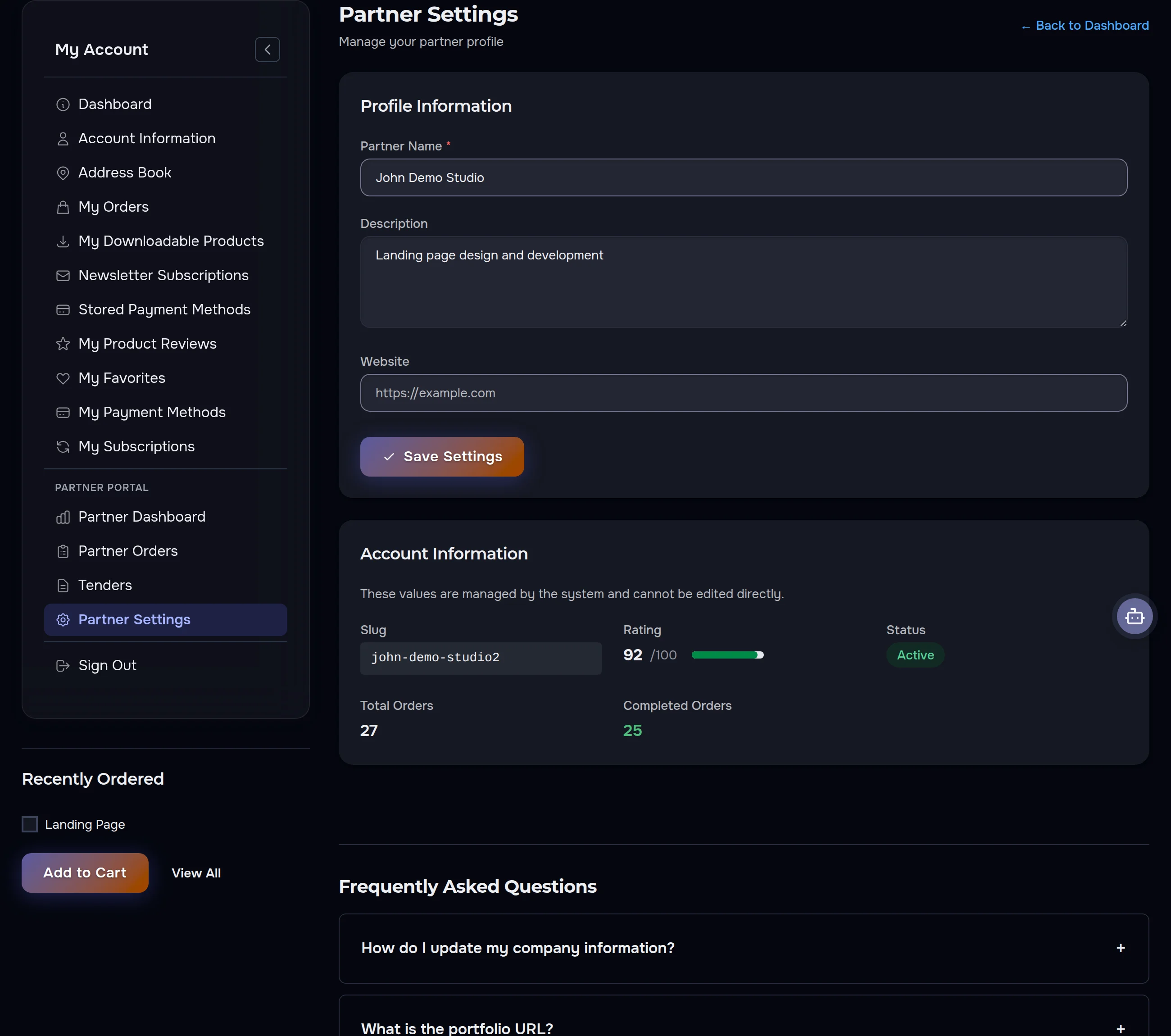 Partner Settings section — profile, rating and statistics