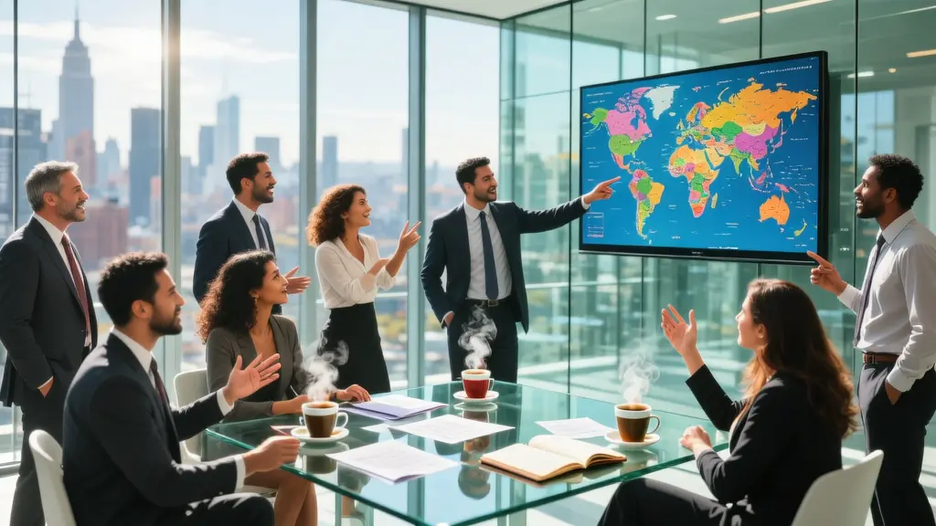 Team planning international market expansion around a world map display