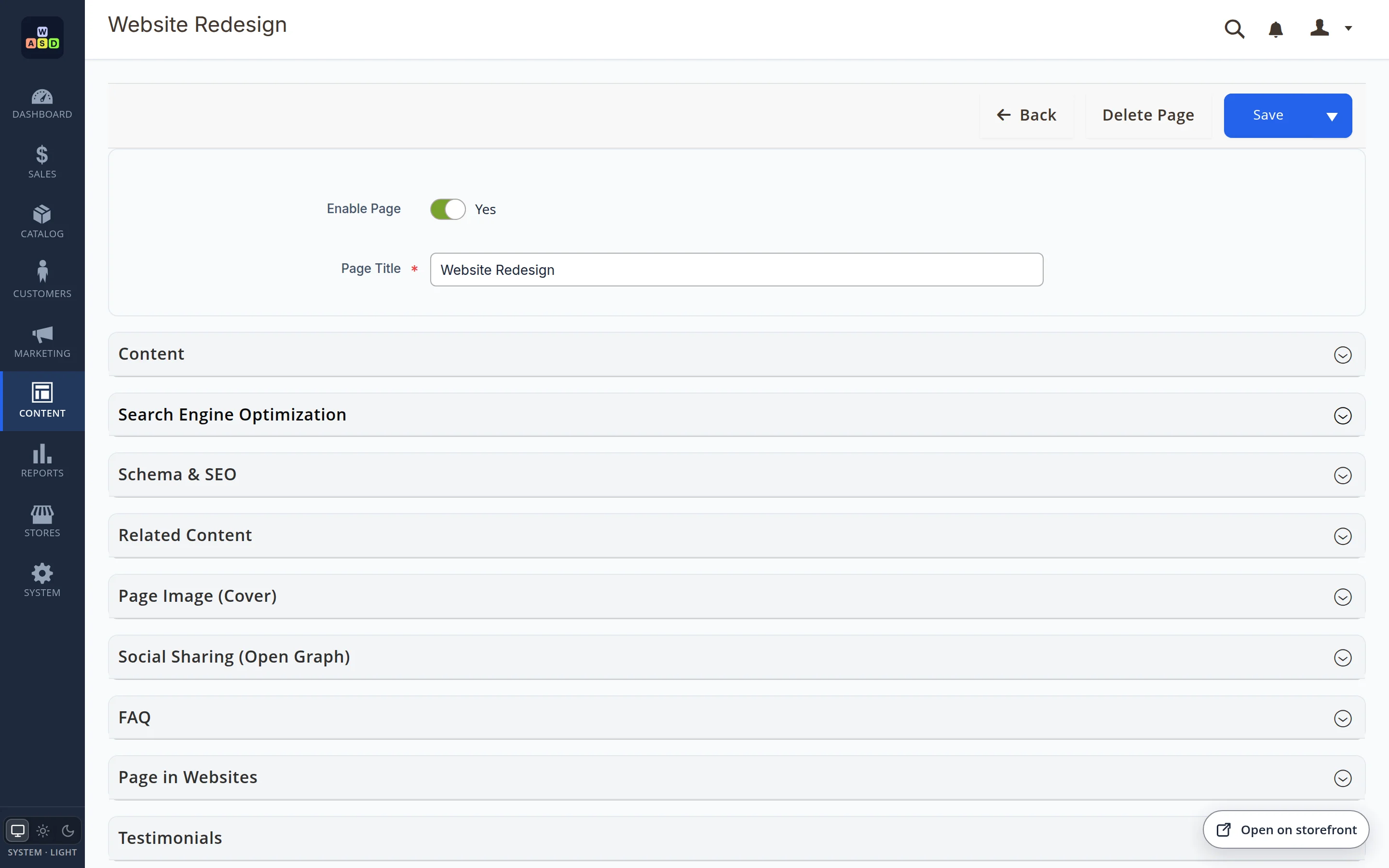 Editing a page: the menu on the left, the page title, the Back, Delete and Save buttons and the form sections — content, search optimisation, related content, cover image, social sharing, FAQ — with the Open on storefront button in the corner