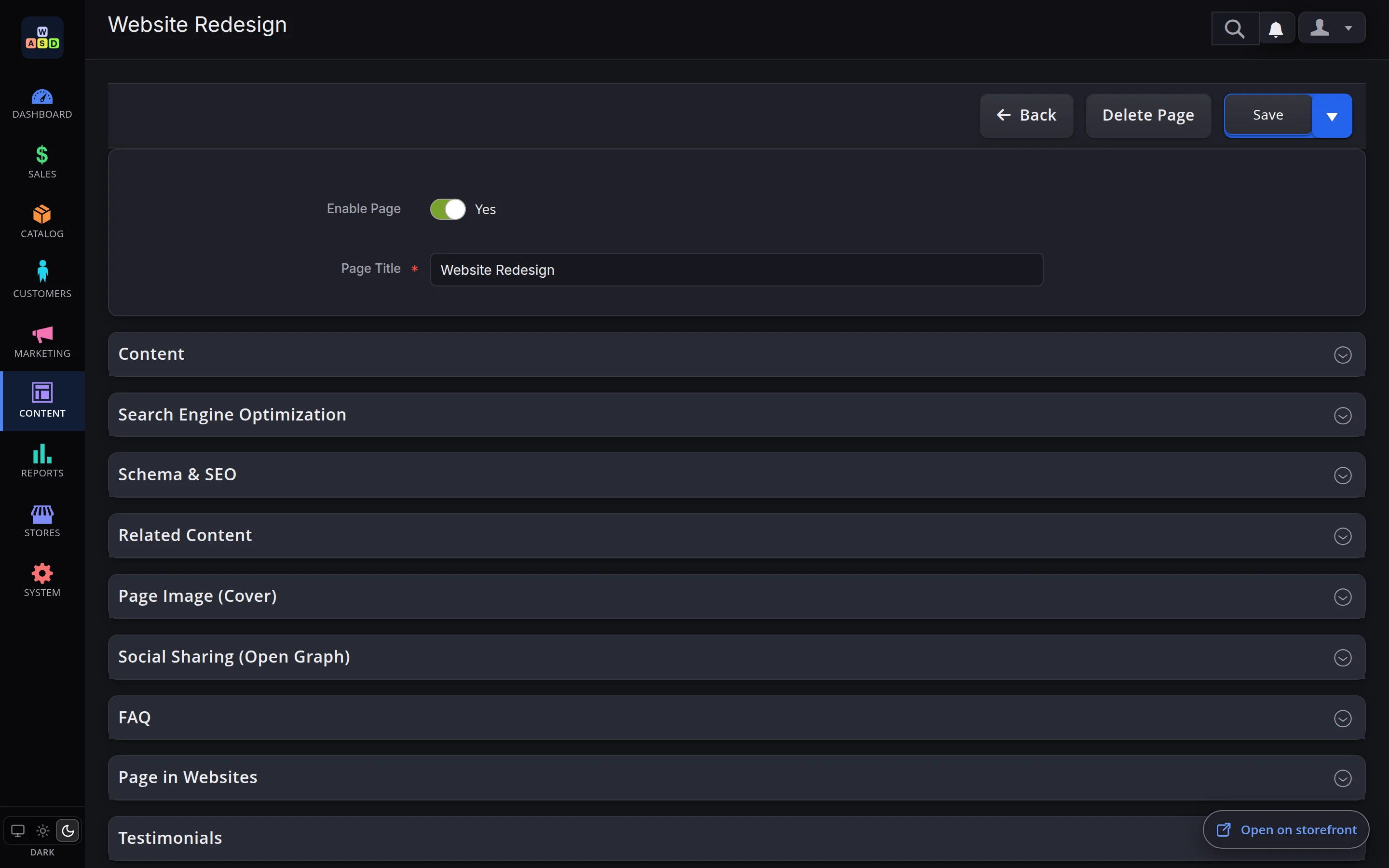 The same page editor in the dark theme: dark menu and form sections, the theme switch at the bottom of the menu set to Dark