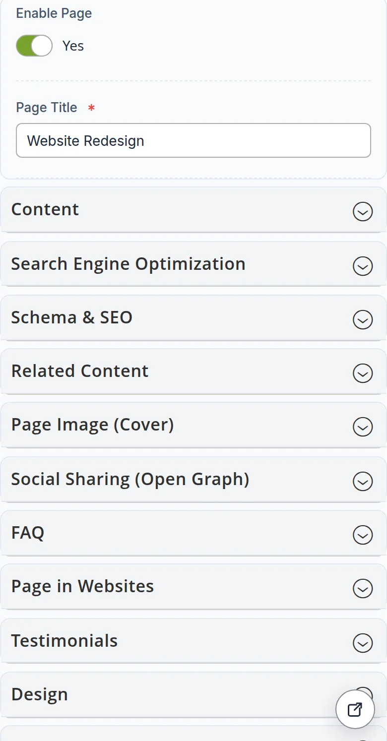 Editing a page on a phone: the Enable Page switch, the title field and the form sections in one column, the storefront icon in the corner