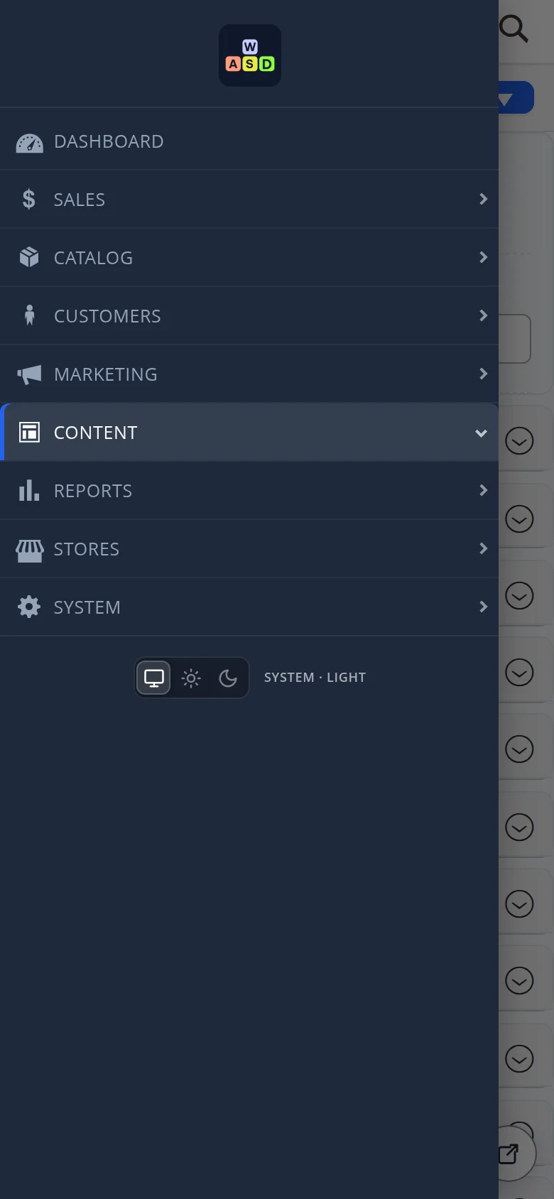 The menu of the panel on a phone: the site mark on top, the sections of the panel and the theme switch at the bottom