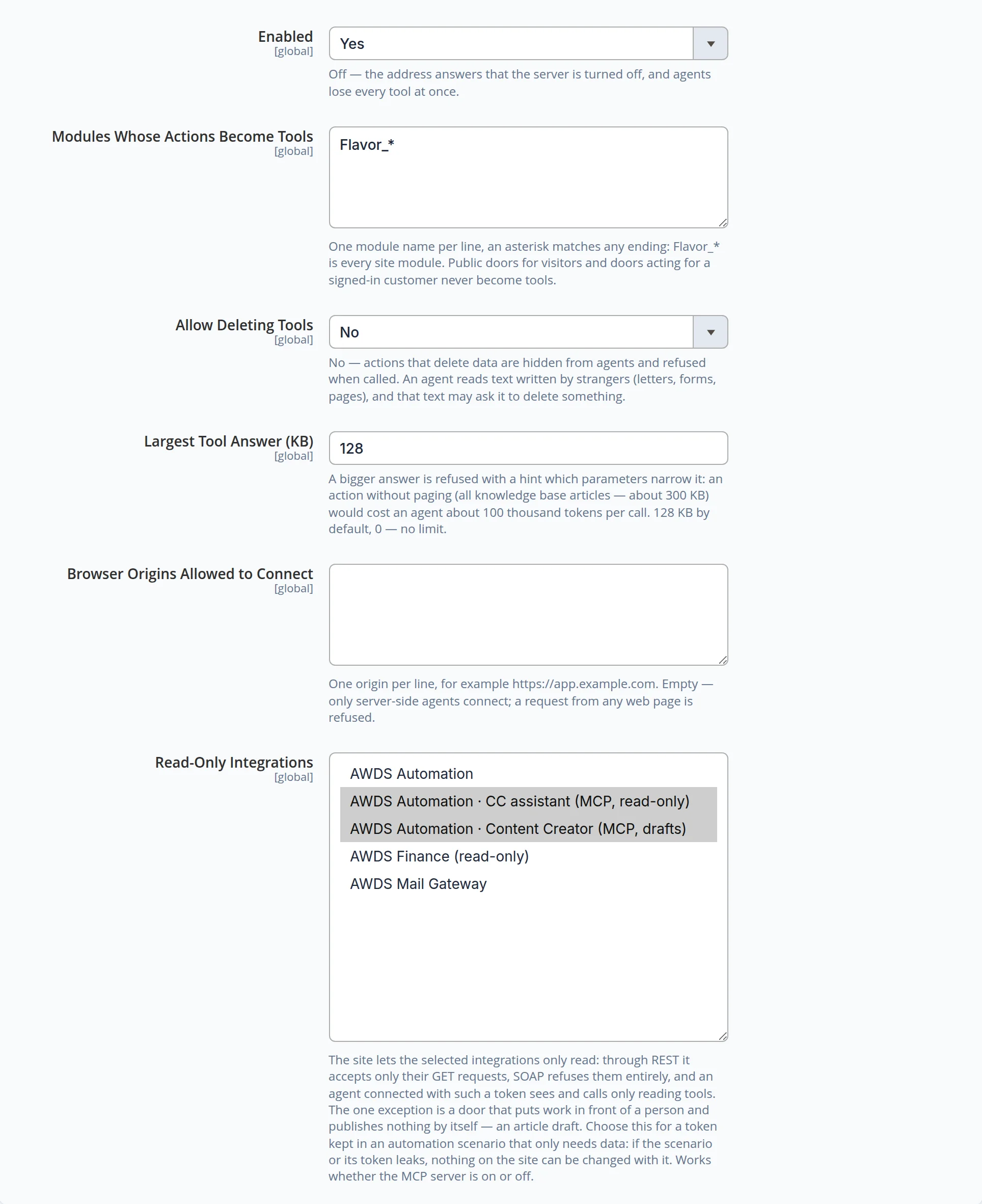 Settings of the AI agent connection: Enabled — Yes, Allow Deleting Tools — No, Largest Tool Answer 128 KB, list of read-only integrations