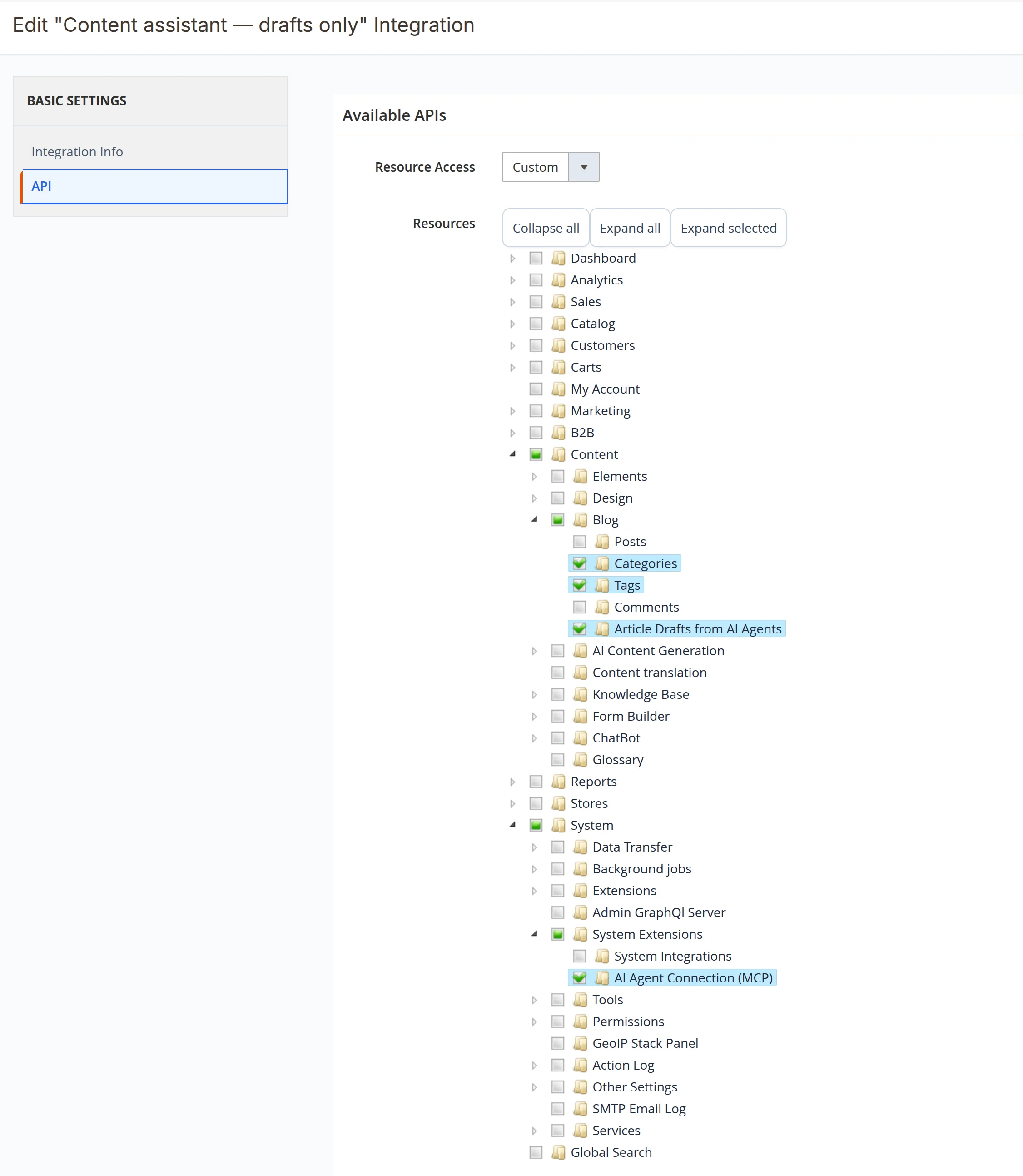 Integration Content assistant — drafts only, API tab: ticked Categories, Tags, Article Drafts from AI Agents and AI Agent Connection (MCP)