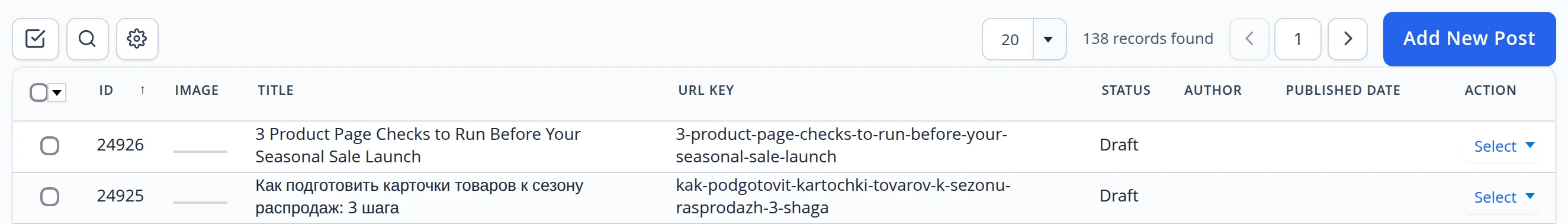 List of blog posts: two new posts by the assistant, in English and in Russian, both with the status Draft and no published date