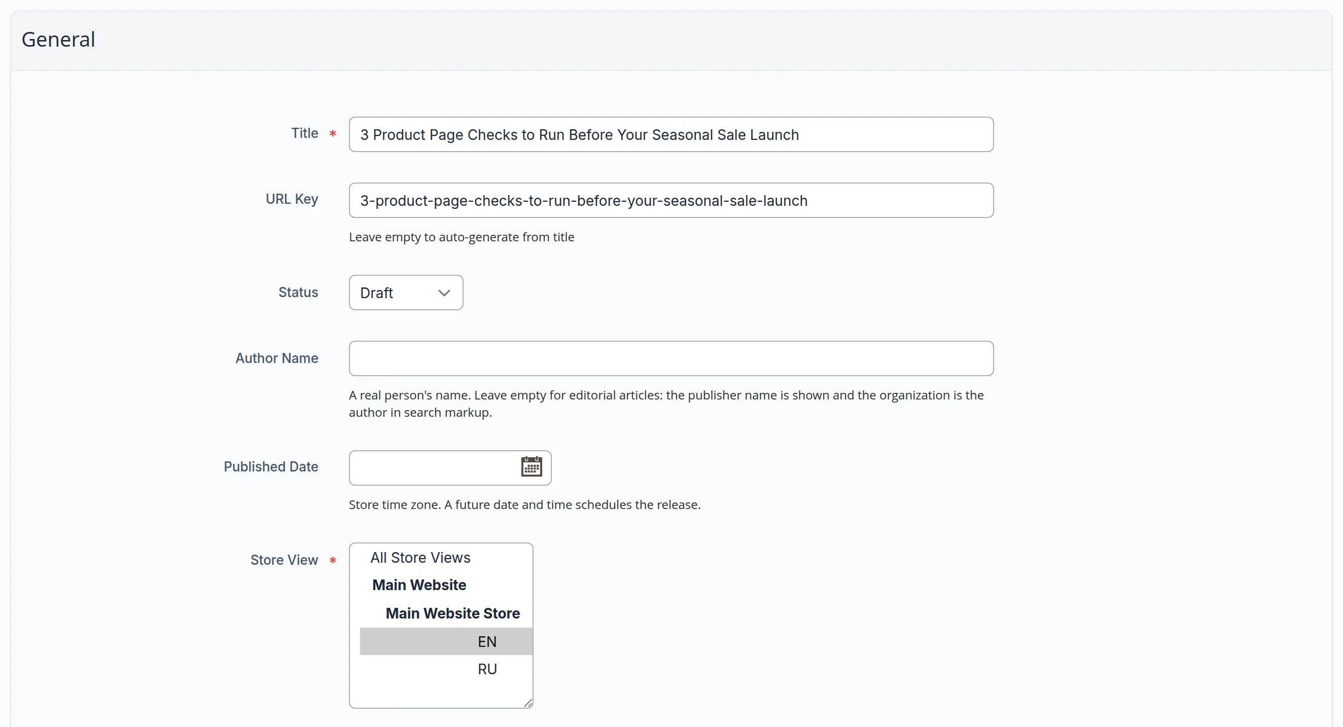 Draft form of the English post: title, URL key, Status Draft, empty Published Date, Store View EN