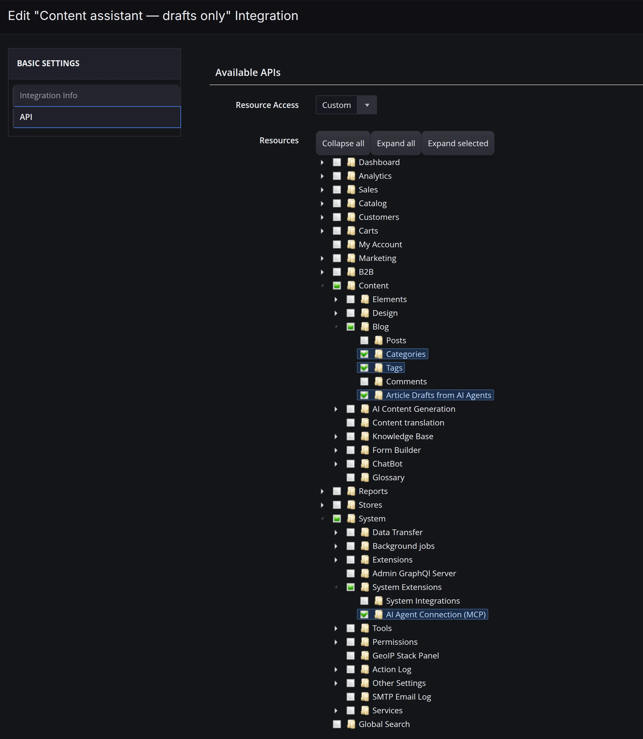 Rights tree of the assistant's key in the admin's dark theme: ticked Categories, Tags, Article Drafts from AI Agents and AI Agent Connection (MCP)