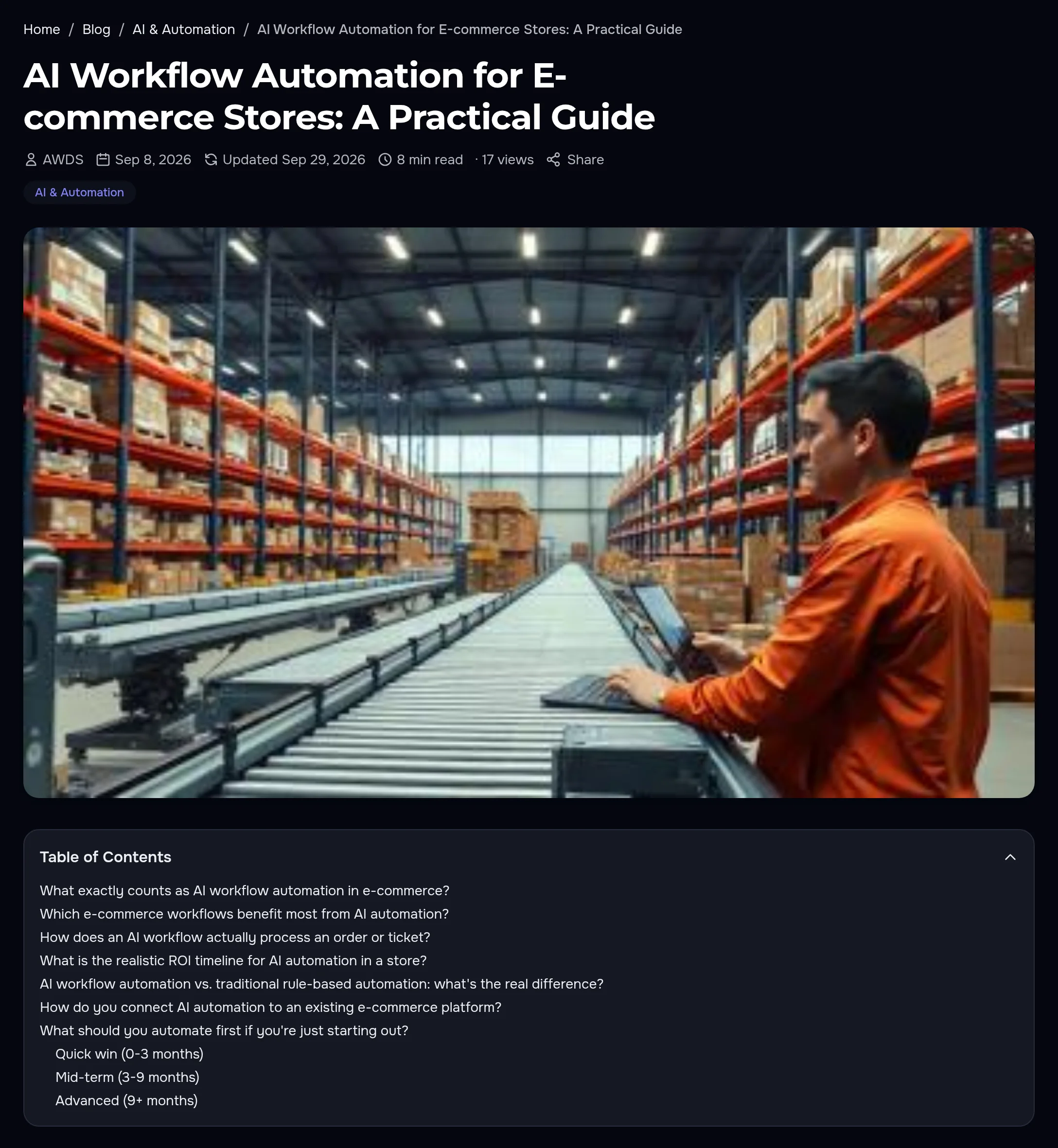 Top of an article in the dark site theme: title, cover and table of contents