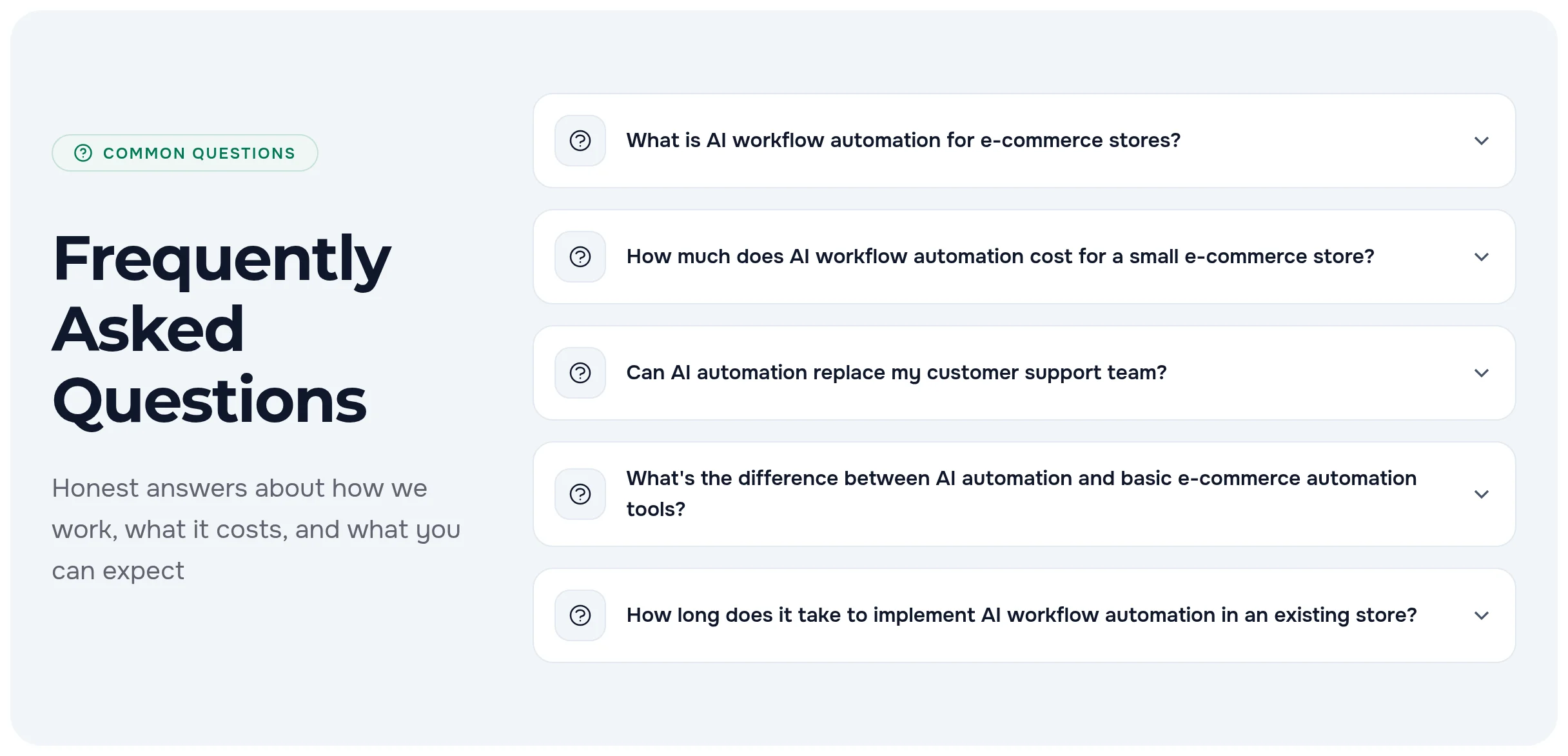 The article Frequently Asked Questions block: five questions on the topic, an answer opens on click