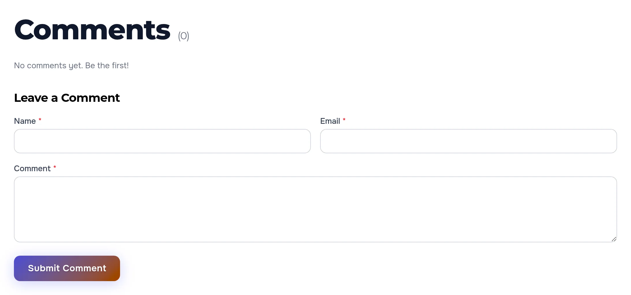 The comment form under an article: name, email and text
