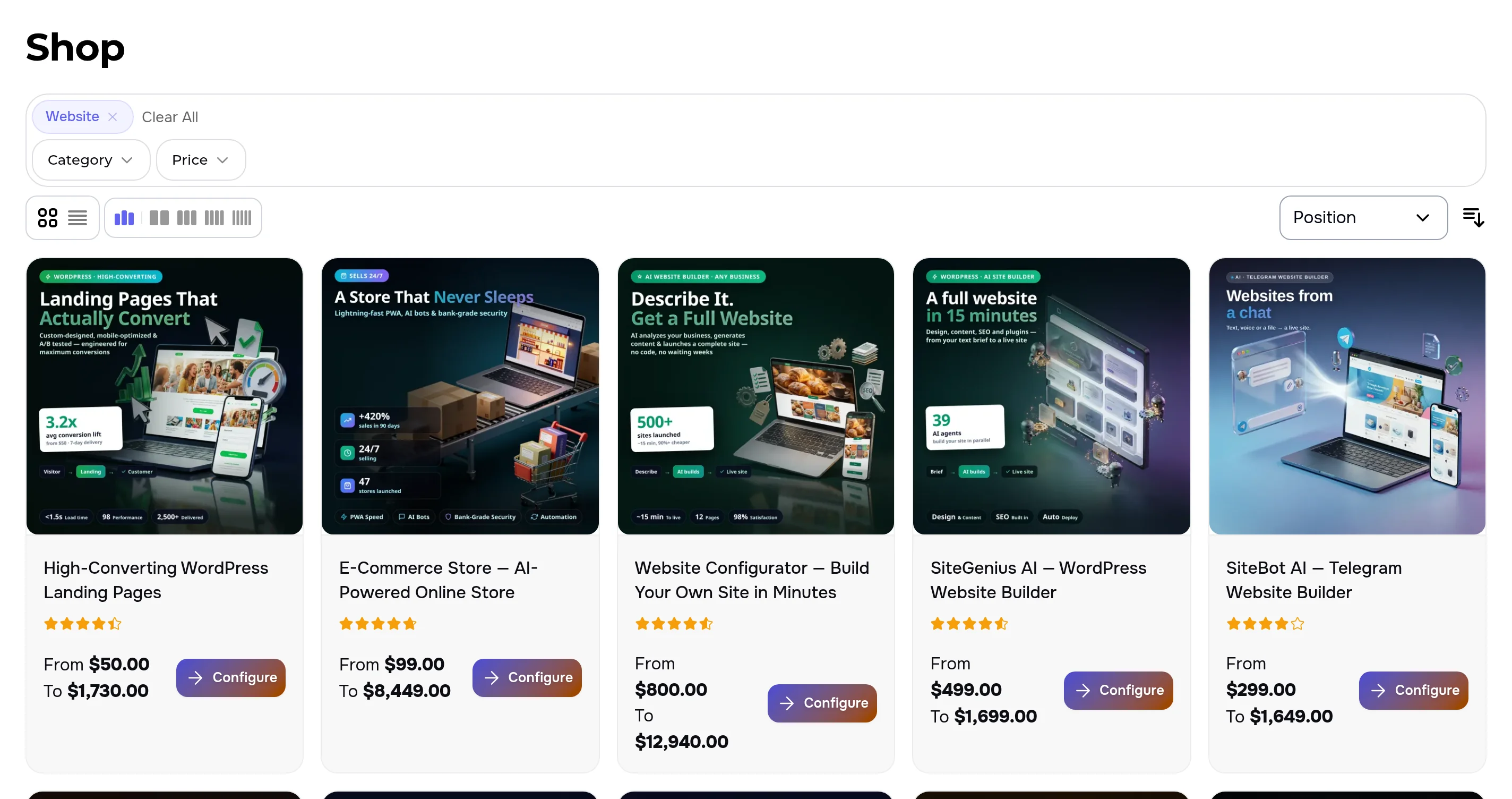Catalog with the Website category selected: the choice shows in the filter panel, the list changed without a reload