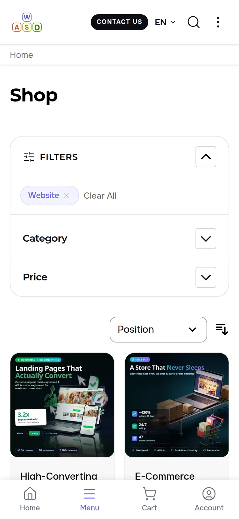 Catalog on a phone: the Filters panel is open with the Website category chosen