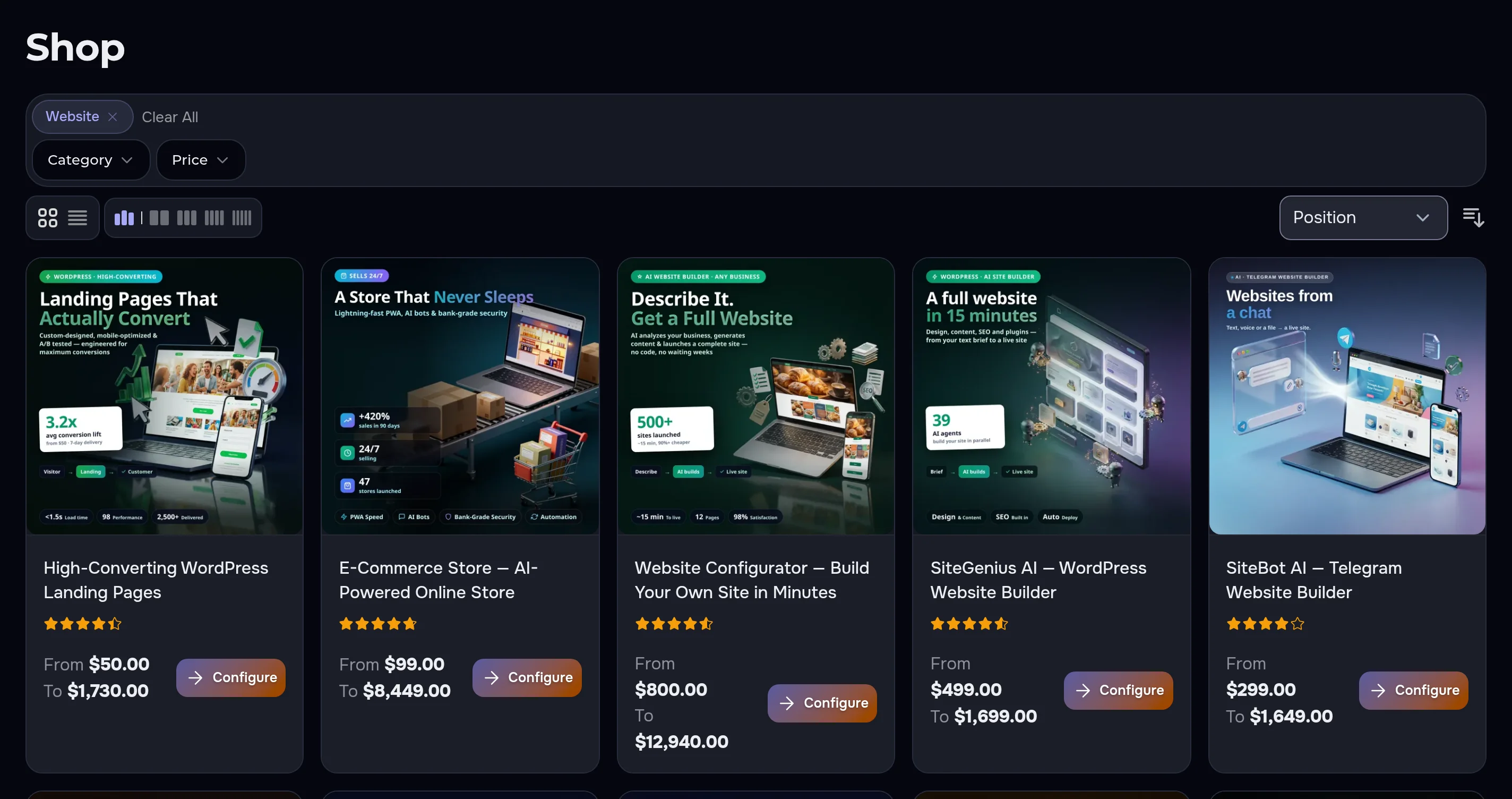 Catalog with a category selected in the dark site theme