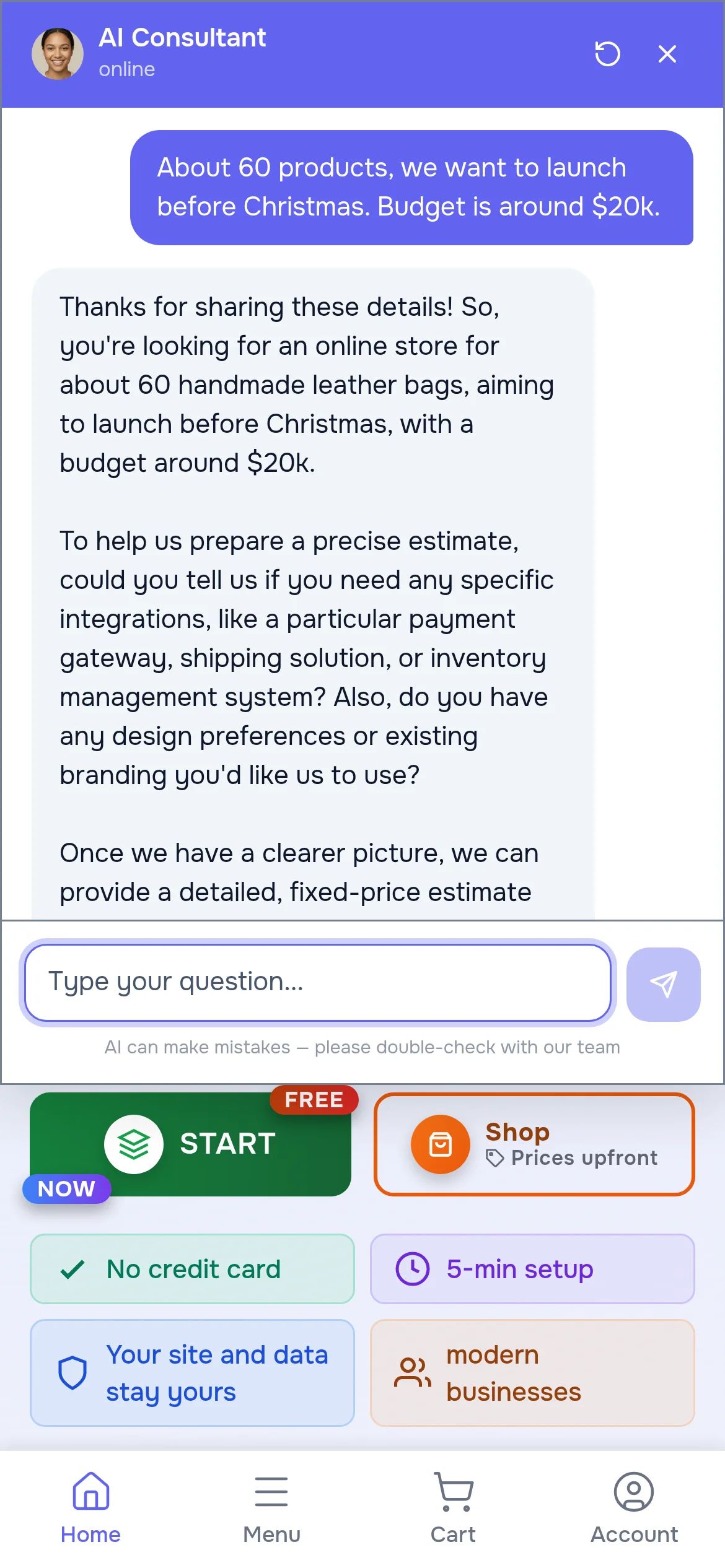 On a phone the consultant window takes almost the whole screen, the input sits under your thumb
