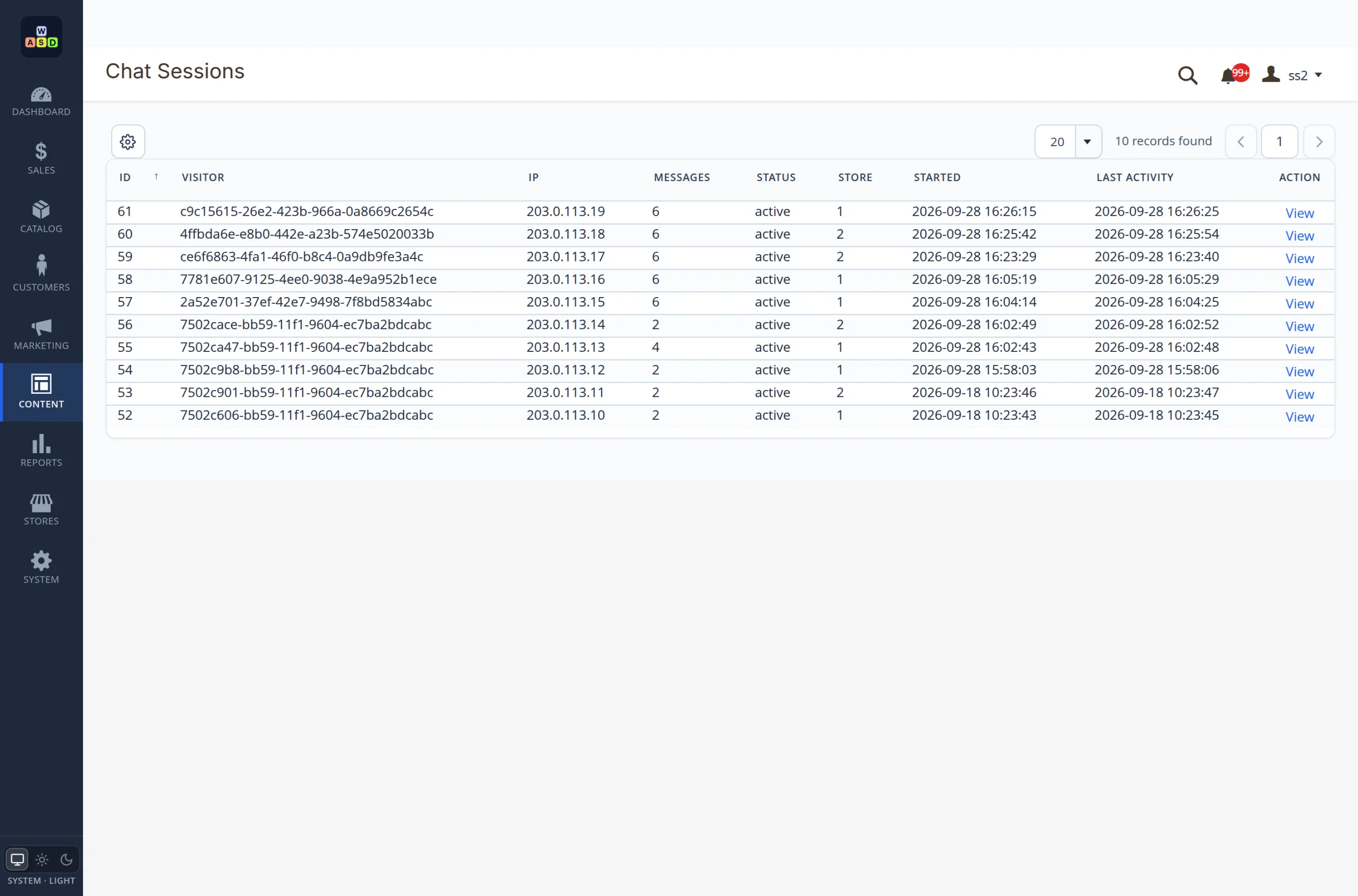 The conversation log in the admin panel: store, message count, start and last activity time