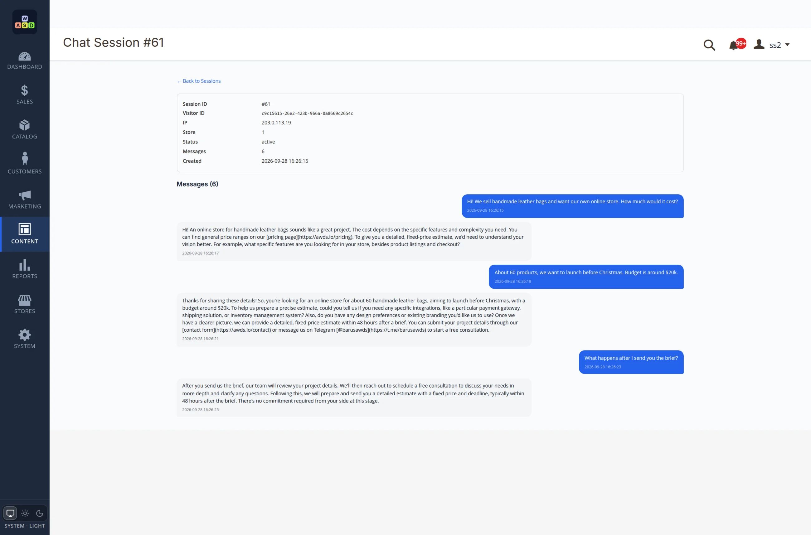 A full conversation: client questions and consultant replies with the time of each line
