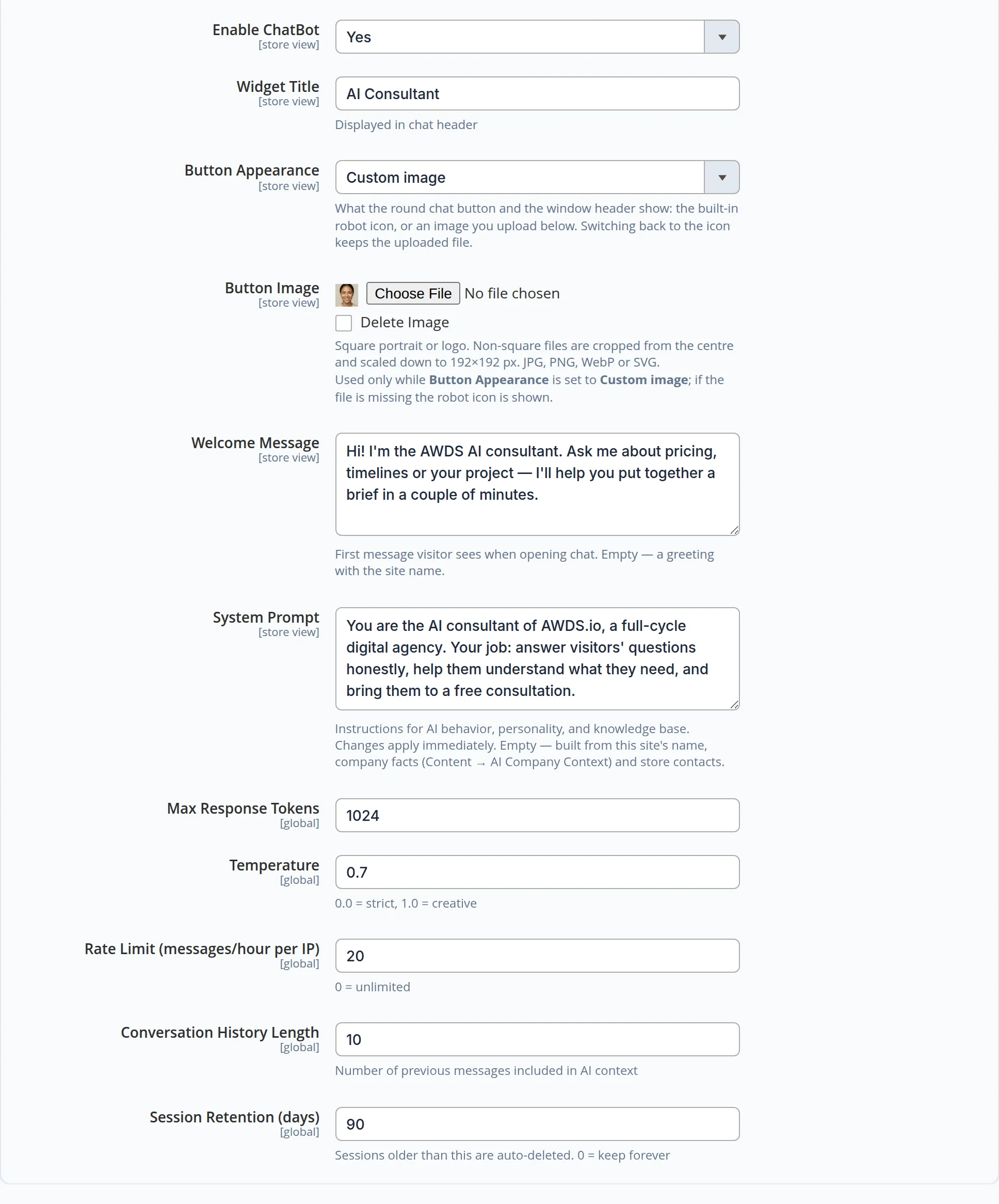 Consultant settings: title, avatar, greeting, instructions, limits and conversation retention