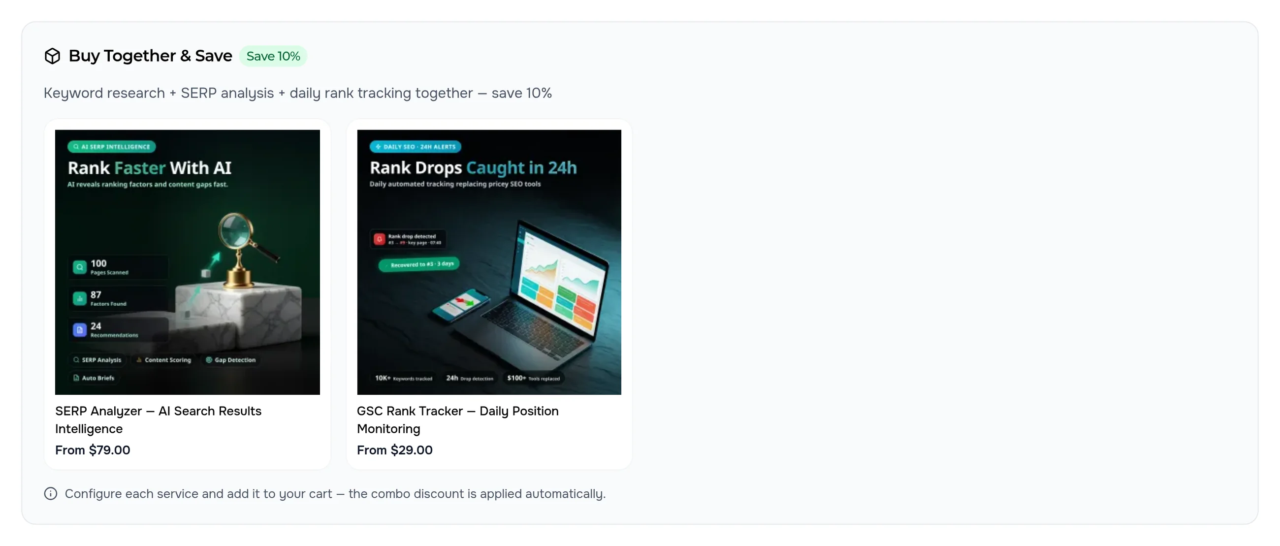 The “Buy Together & Save” block on the keyword research page: search-results analysis and rank tracking with prices and a “Save 10%” badge