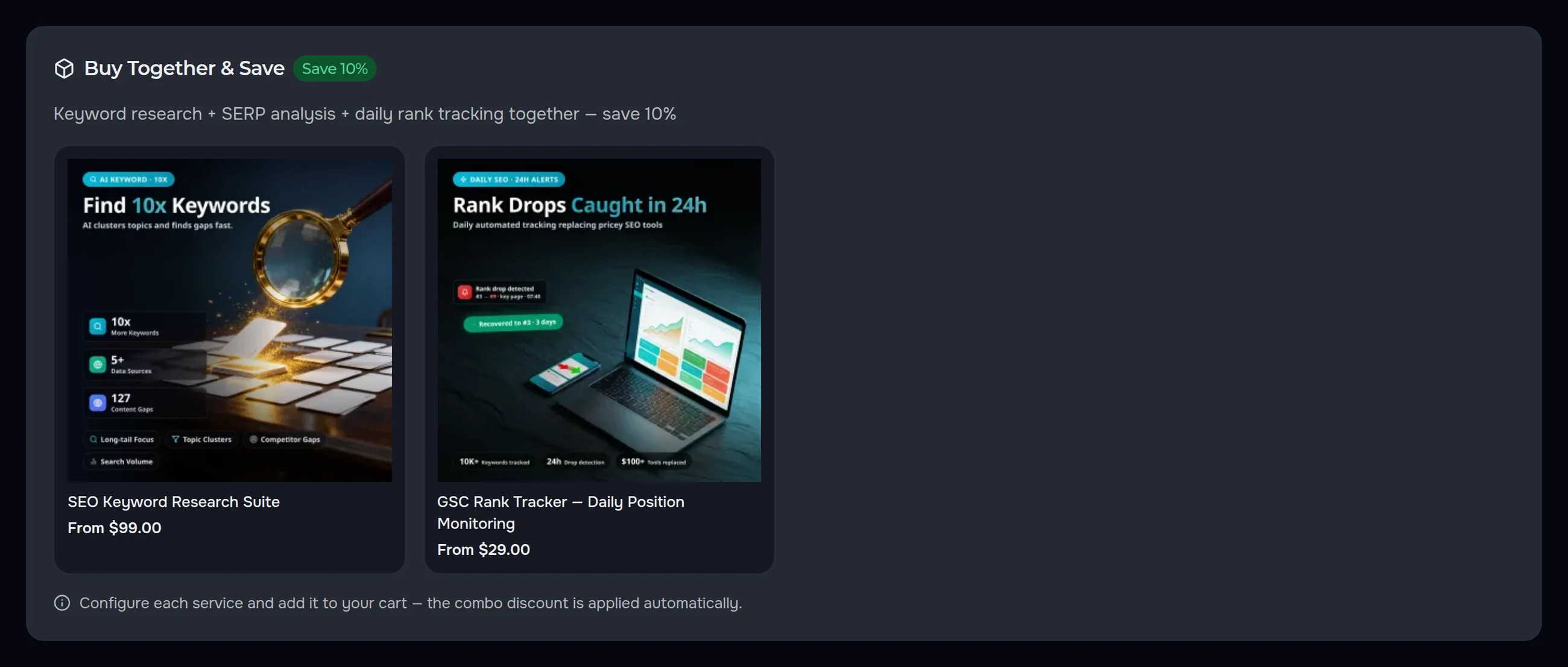 The “Buy Together & Save” block in the dark theme on the search-results analysis page