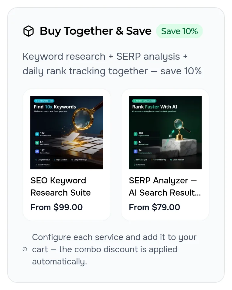 The “Buy Together & Save” block on a phone: two services in a row with prices and a “Save 10%” badge