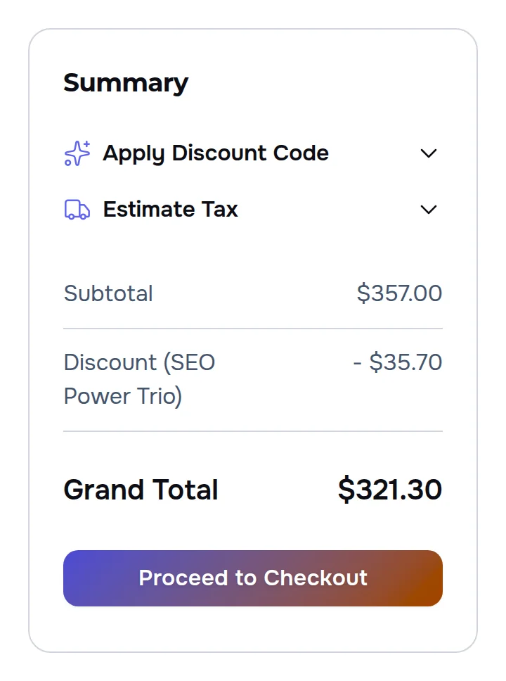 Cart summary: subtotal $357.00, the “Discount (SEO Power Trio)” line −$35.70 and the grand total $321.30