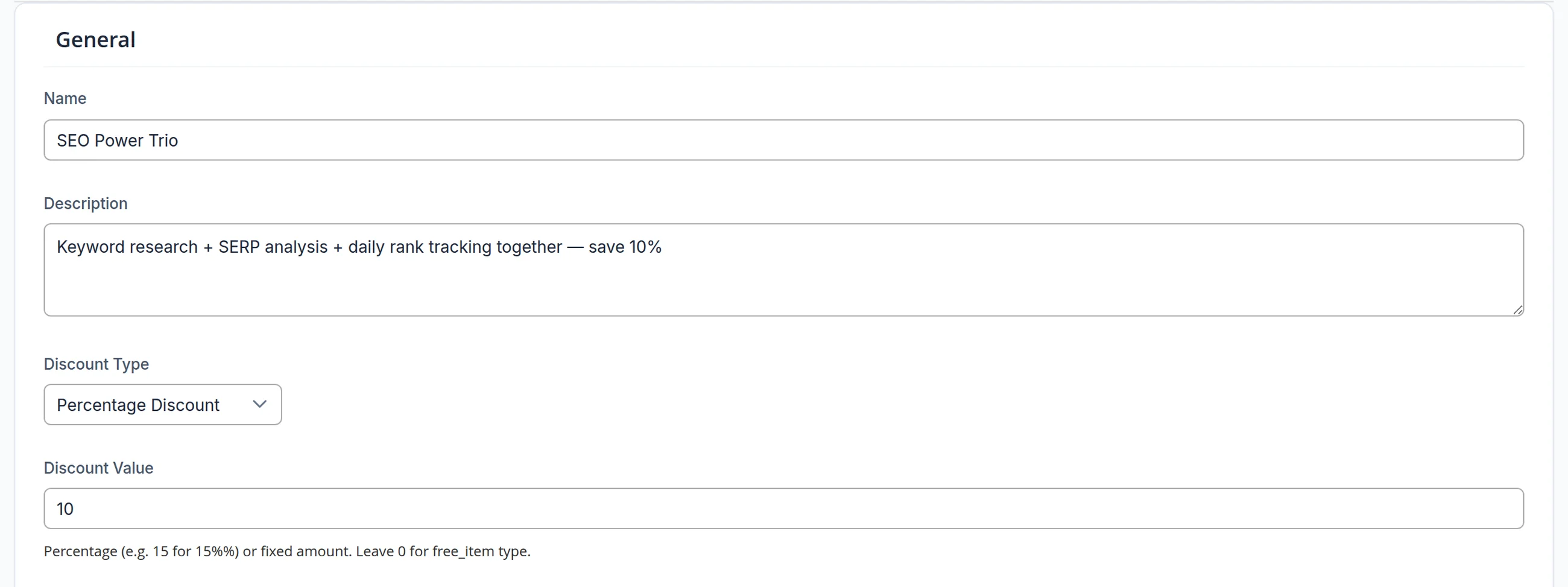 The bundle form in the admin: name, description, a 10% percentage discount