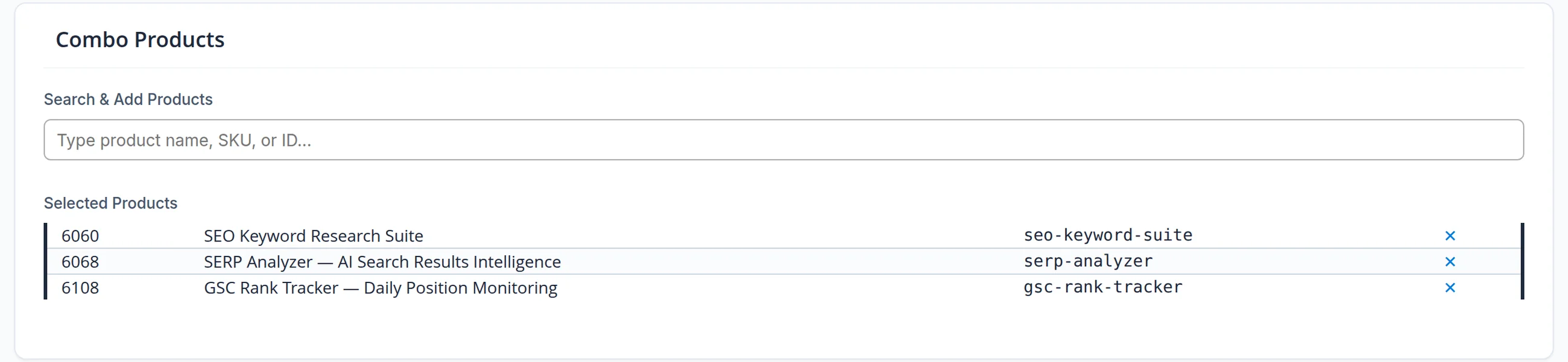 Bundle items in the admin: keyword research, search-results analysis and rank tracking, search by name or SKU