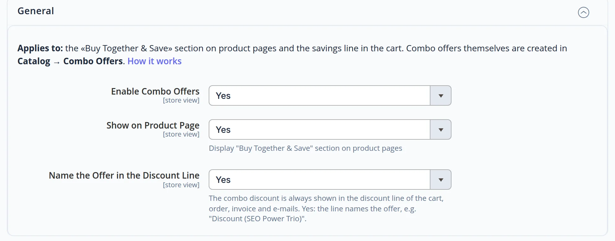 General module settings: enable bundles, show on the product page, name the bundle in the discount line