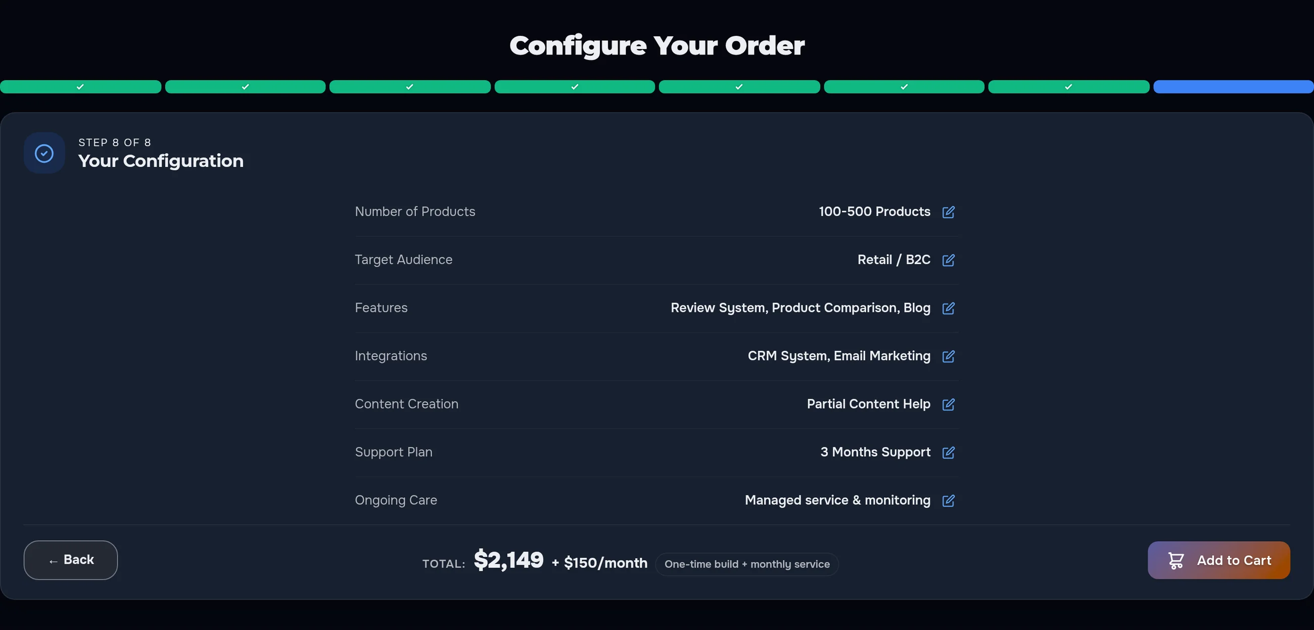 The configurator’s last step in the dark theme: a summary of every choice and the total — a one-time amount plus a monthly service