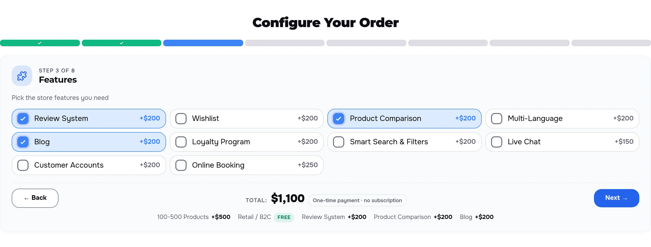 The Features step: Review System, Product Comparison and Blog ticked, the total recalculated