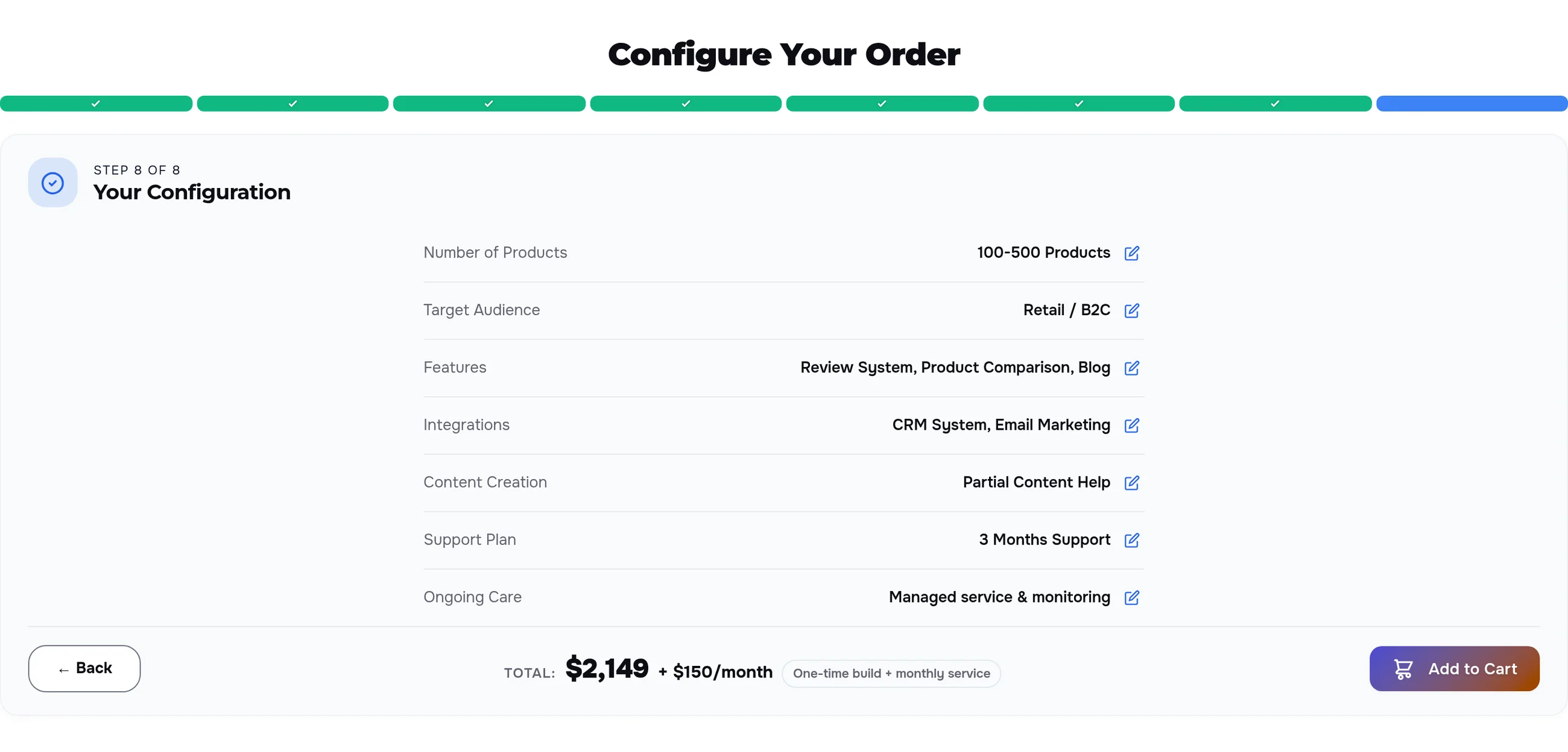 The configuration summary: seven rows of choices, edit pencils, the total and the Add to Cart button
