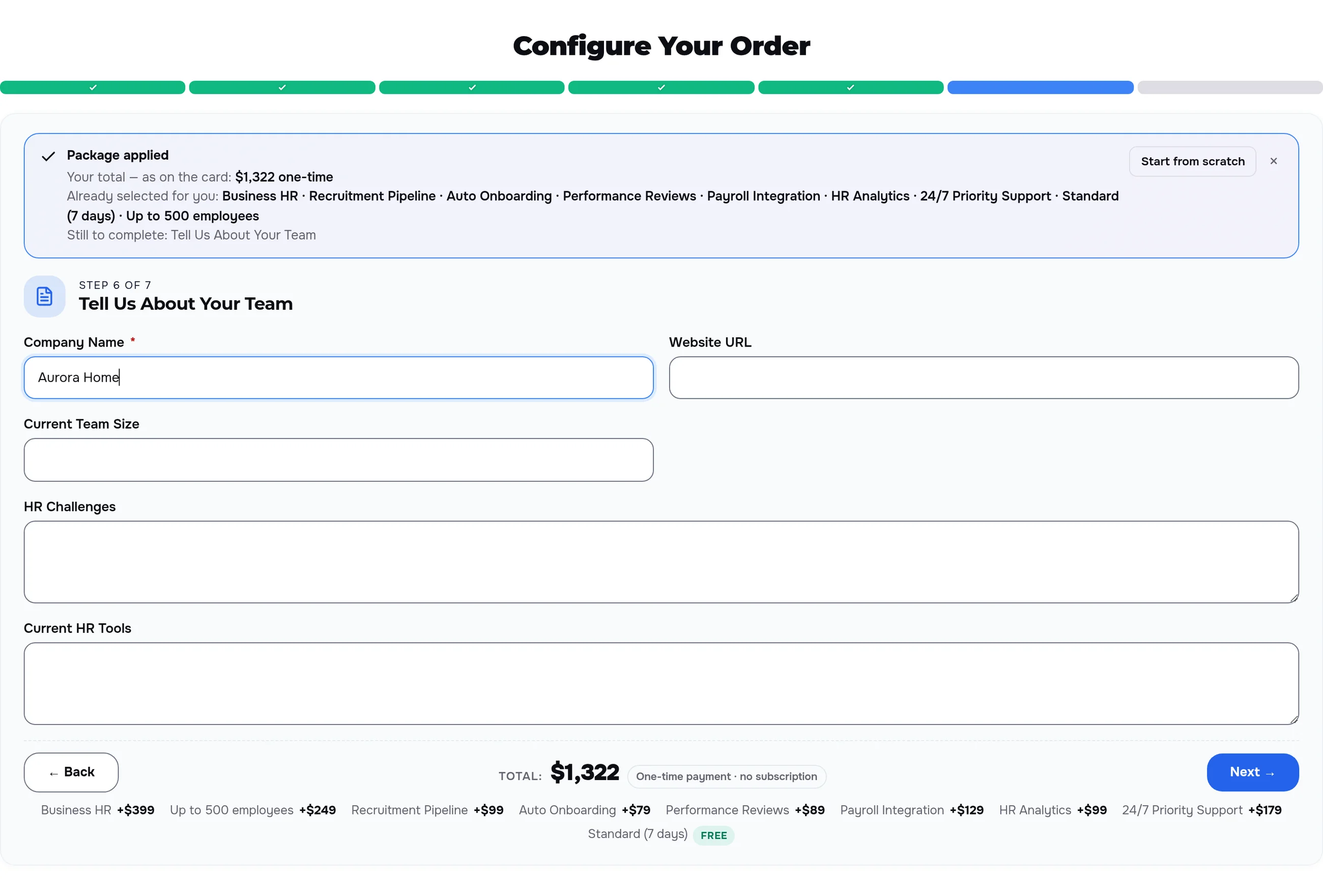 The Business HR plan from the service description: “Package applied”, the total as on the card, nine items ticked, the brief step open