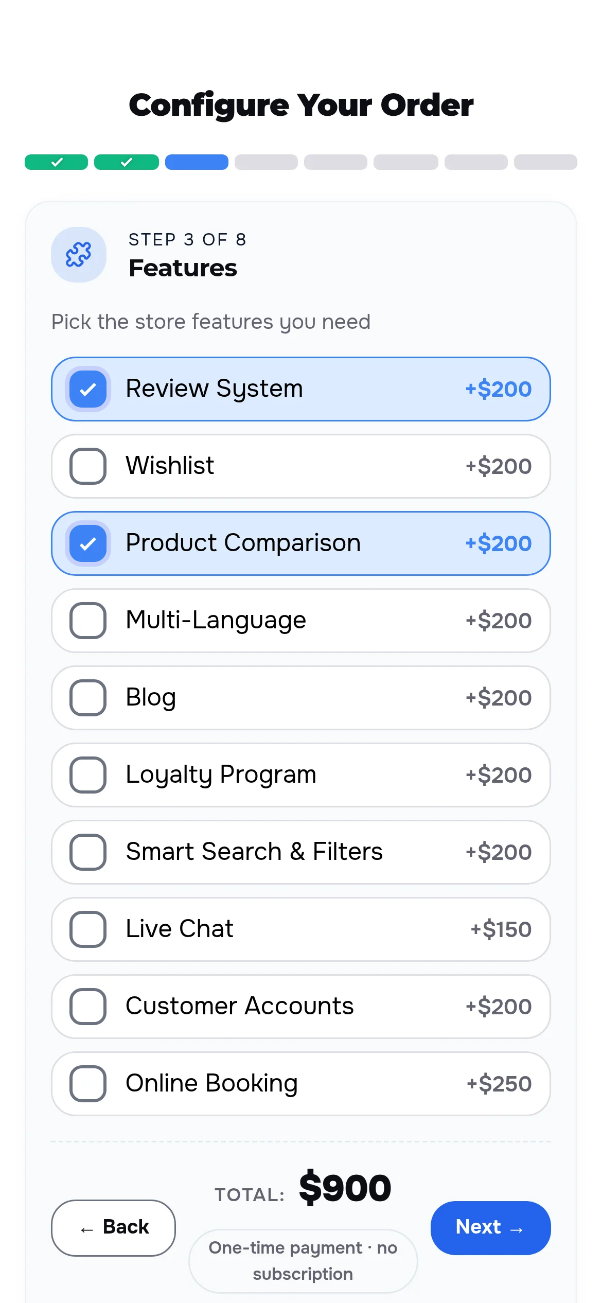 The configurator on a phone: stacked options, the total and buttons at the bottom